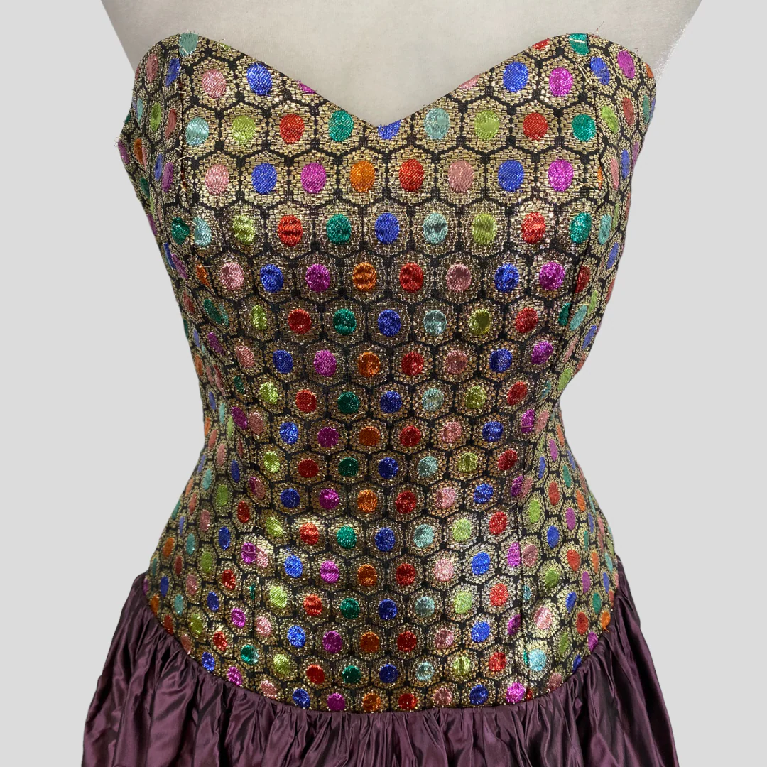 80s/90s Purple Gold Jewel Tone Honeycomb Strapless Dress By J Reynolds - Image 3