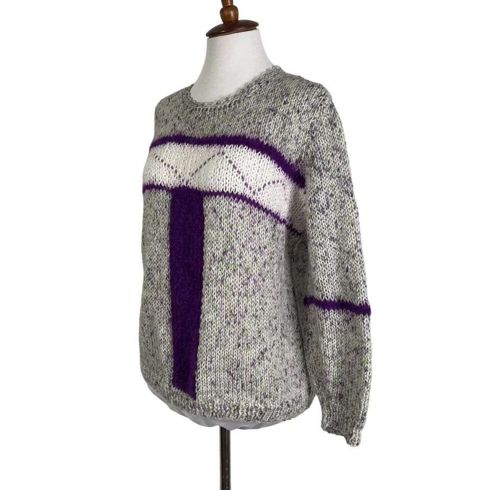 80s/90s Purple Gray Handknit Soft Acrylic Sweater M - Image 3