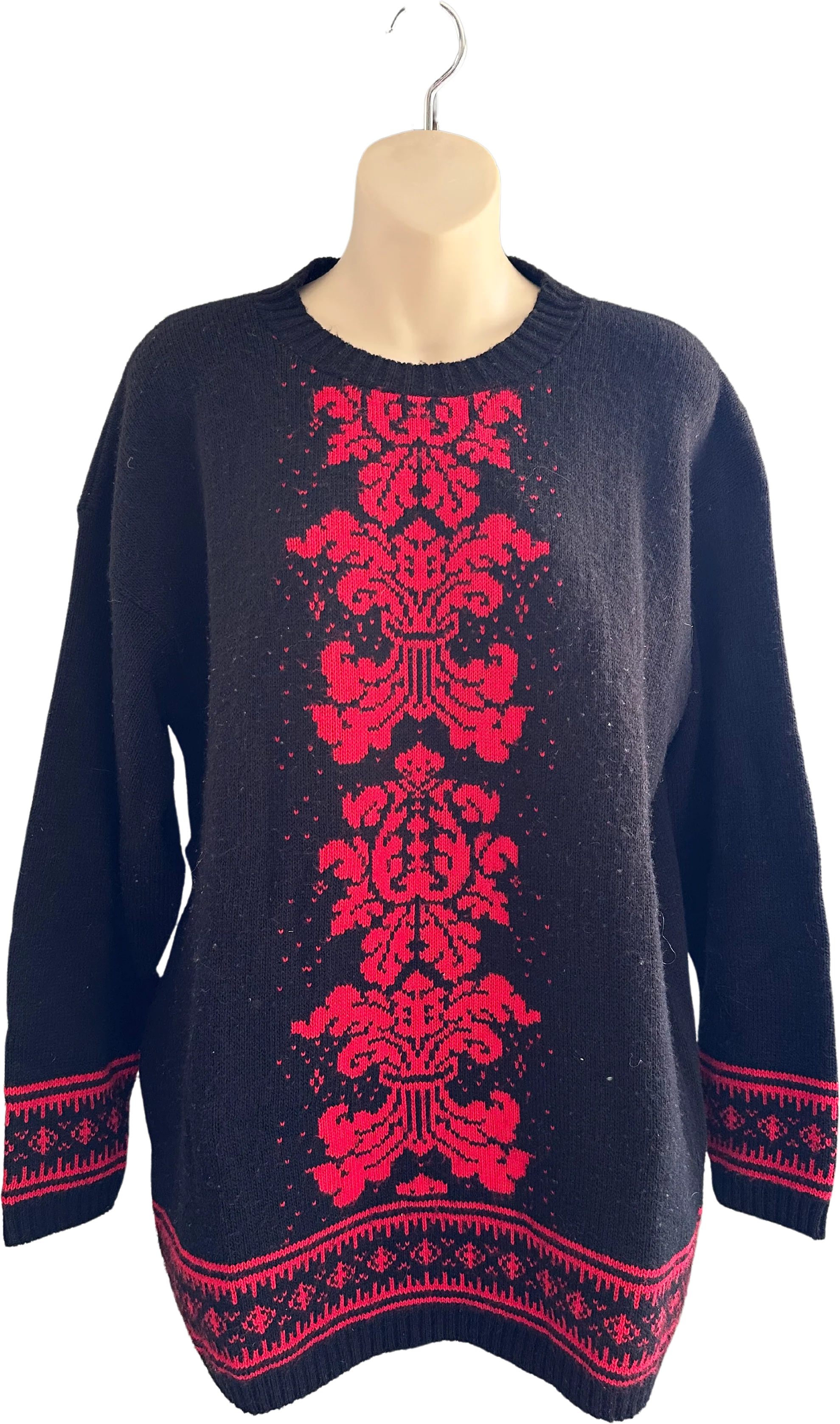 80s/90s Red And Black Tunic Length Sweater By Cuddle Knits