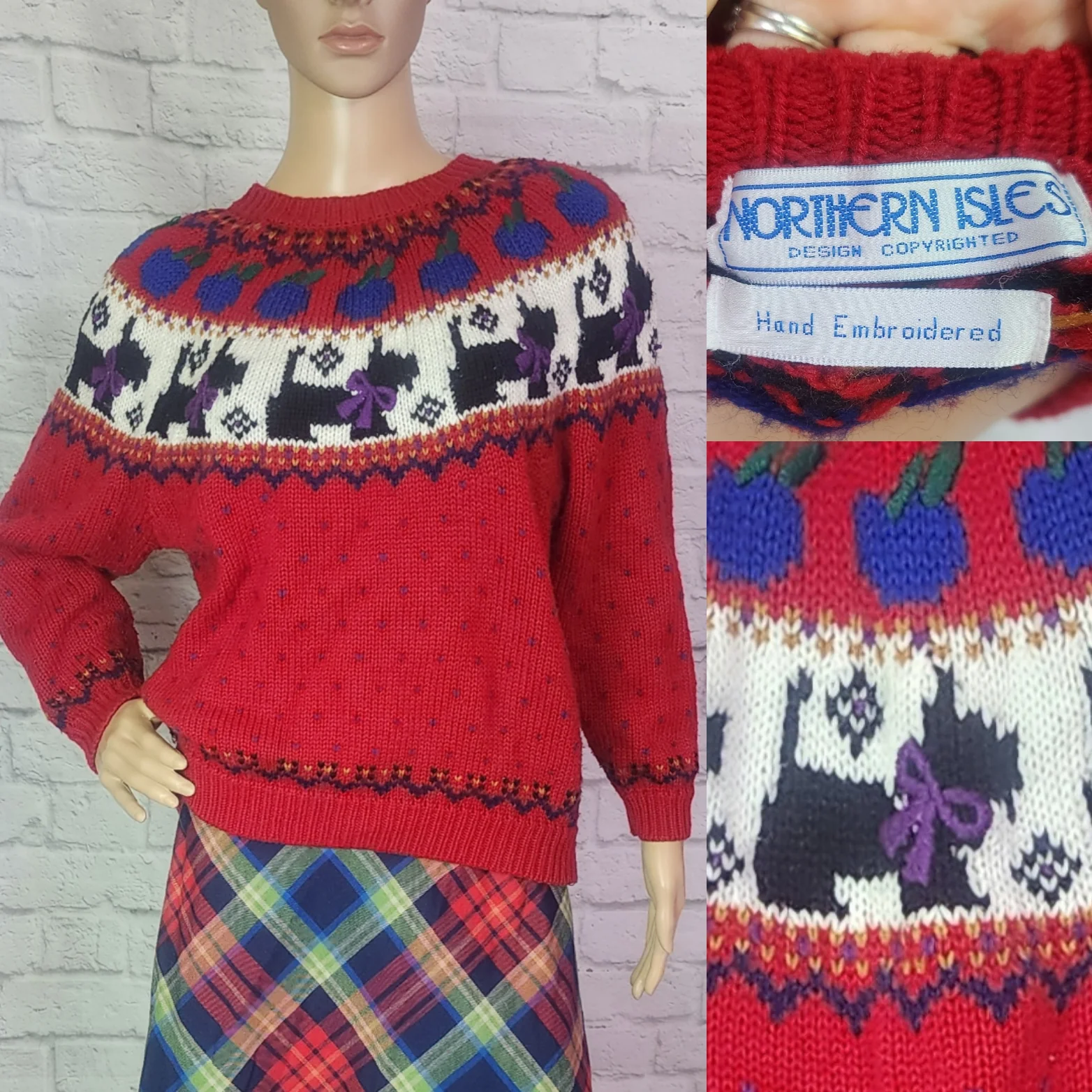 80s/90s Red Multicolor Scottie Dog Novelty Sweater By Northern Isle - Image 3