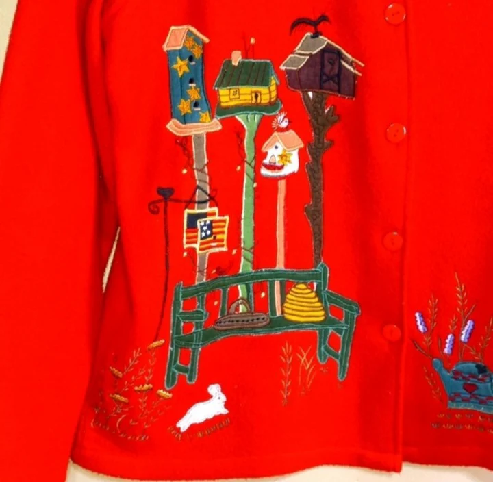 80s/90s Red Polyester Velour Button Up Jacket Birdhouses By Take Two Clothing Co - Image 3