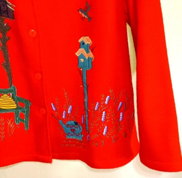 80s/90s Red Polyester Velour Button Up Jacket Birdhouses By Take Two Clothing Co - Image 4