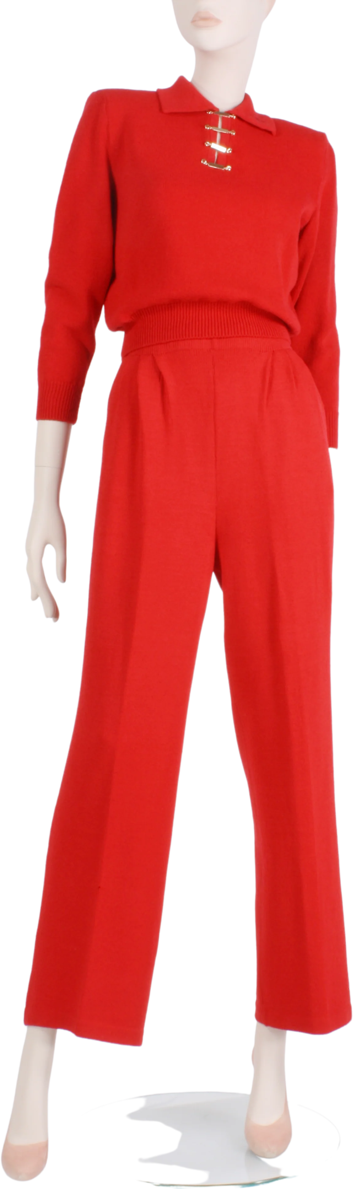 80s/90s Red Santana Knit Crop Shirt Top Pant Suit Set By St. John