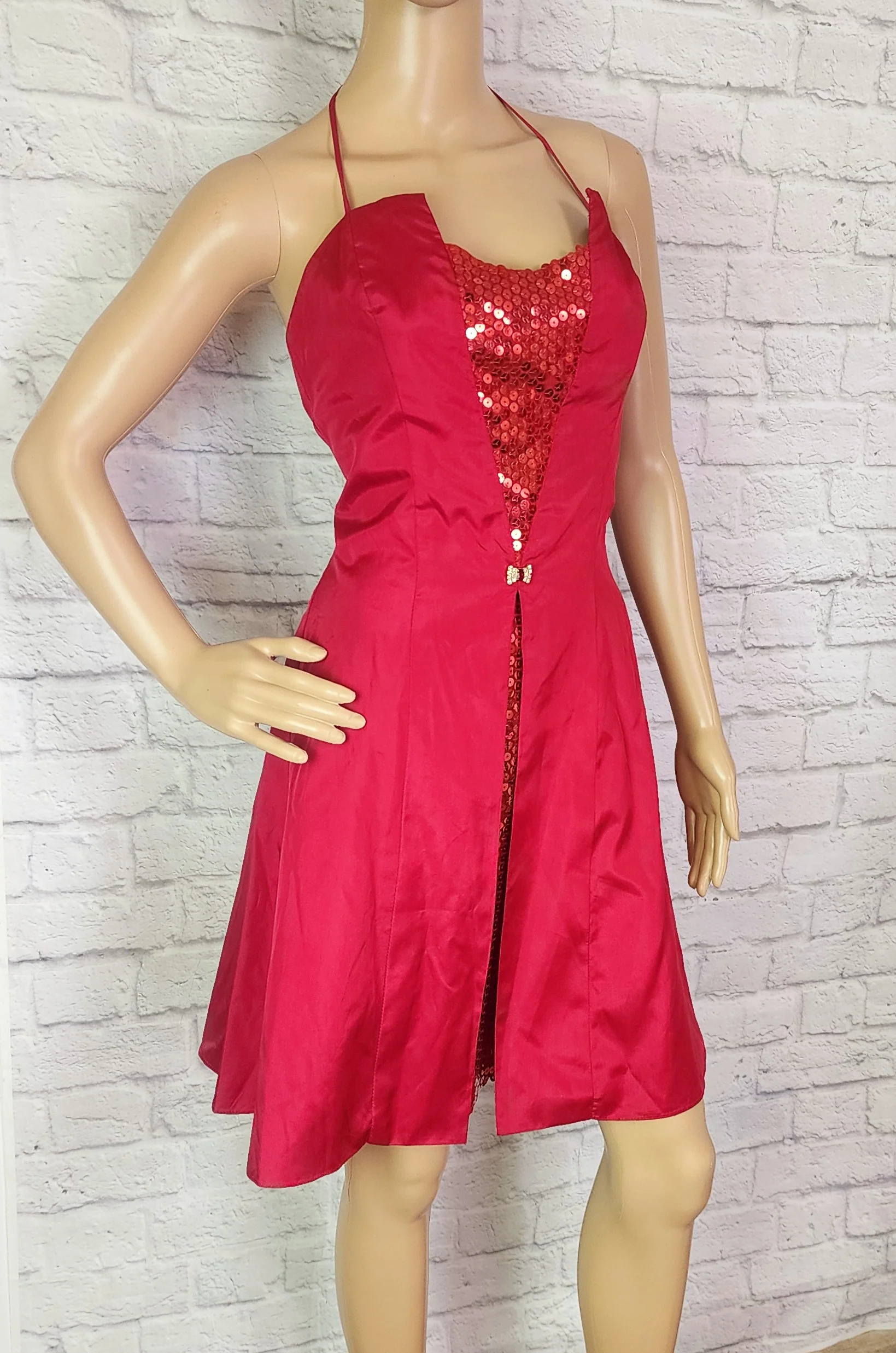 80s/90s Red Taffeta Sequin Halter Party Dress Mini - Image 6