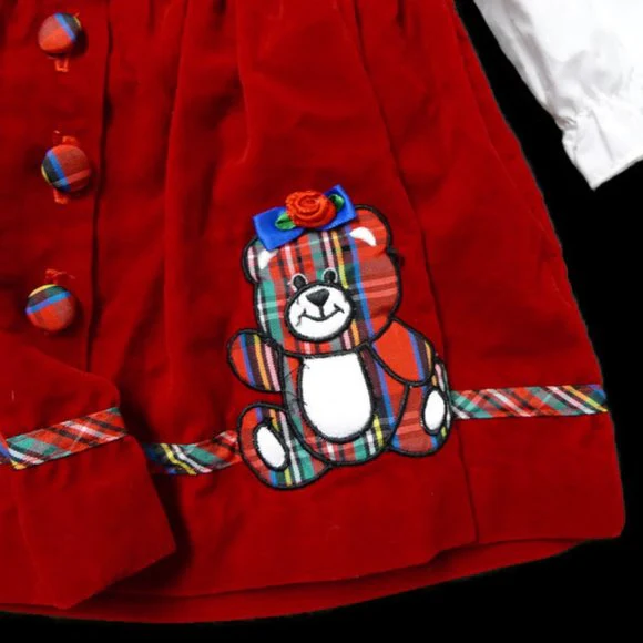 80s/90s Red Velvet And White Shirt Two Piece Baby Dress - Image 5