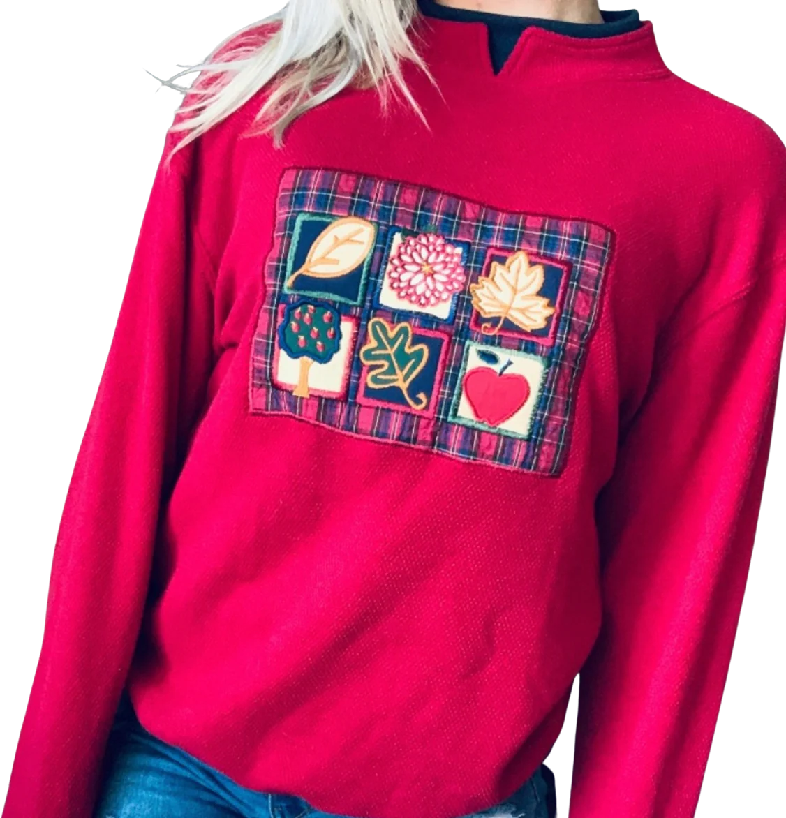 80s/90s Retro Autumn Leaves Apples Double Crew Sweatshirt By Jenny Buchman Sport - Image 2