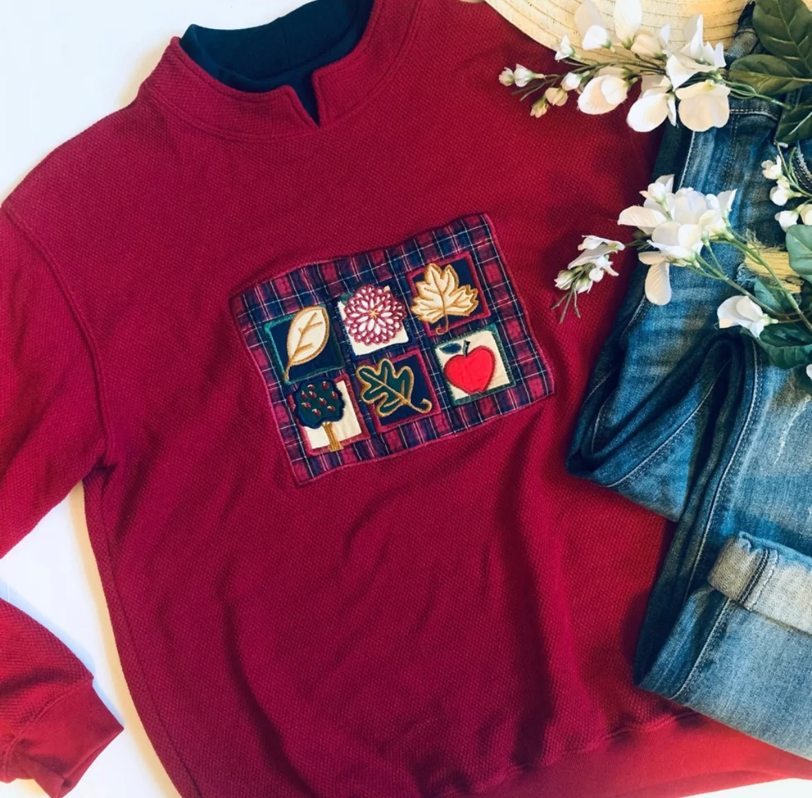 80s/90s Retro Autumn Leaves Apples Double Crew Sweatshirt By Jenny Buchman Sport - Image 3