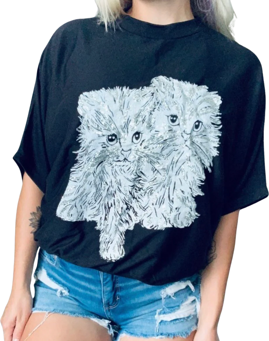 80s/90s Retro Silver Glitter Kittens Batwing Black T-shirt By Tee Dee's