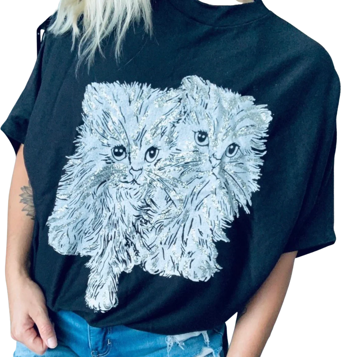 80s/90s Retro Silver Glitter Kittens Batwing Black T-shirt By Tee Dee's - Image 2