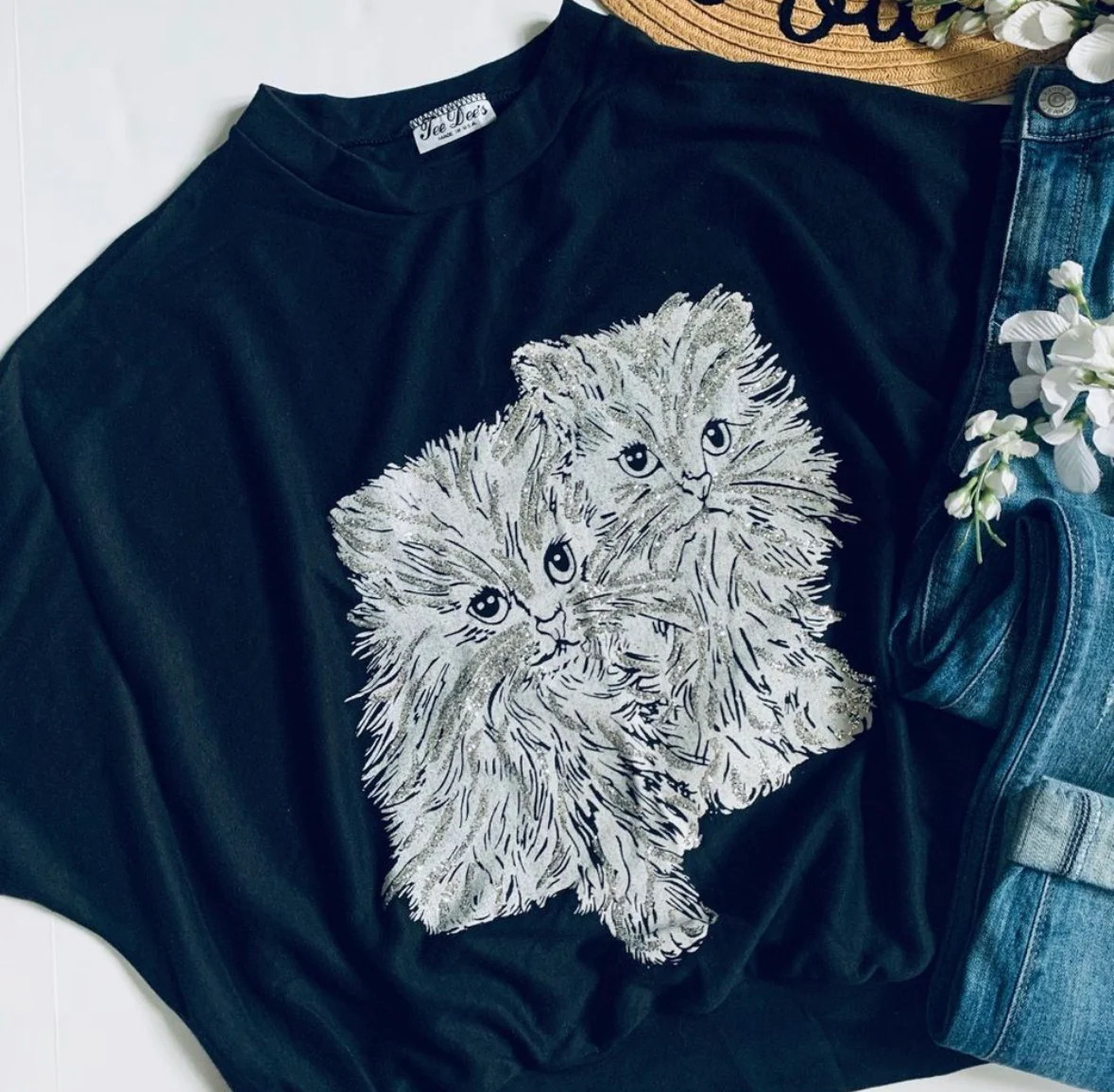 80s/90s Retro Silver Glitter Kittens Batwing Black T-shirt By Tee Dee's - Image 3