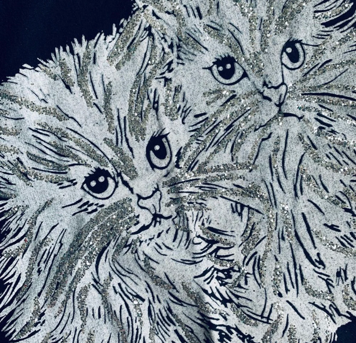 80s/90s Retro Silver Glitter Kittens Batwing Black T-shirt By Tee Dee's - Image 5