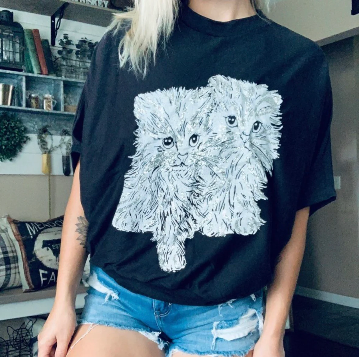 80s/90s Retro Silver Glitter Kittens Batwing Black T-shirt By Tee Dee's - Image 8