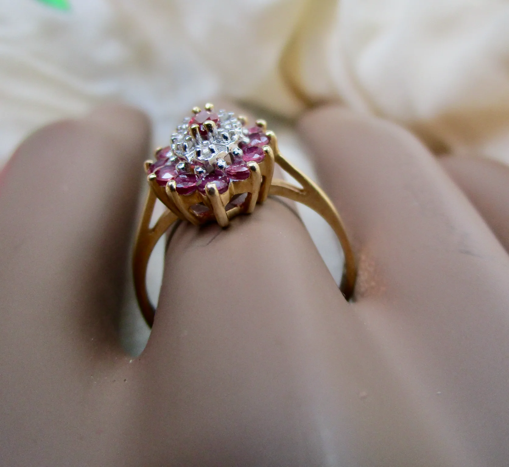 80s/90s Ring With Pink Sapphires And Melee Diamonds 14k Yg By A B I - Image 5