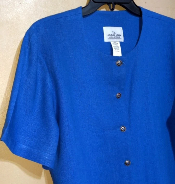 80s/90s Royal Blue Rayon Linen Button Up Top By Kendall Creek Collections - Image 3