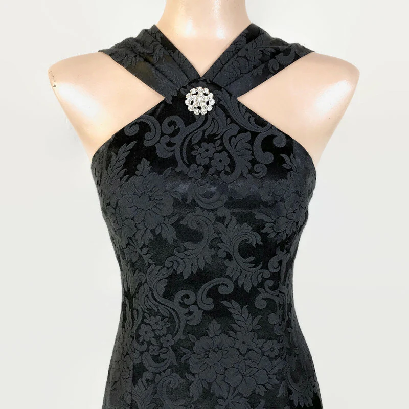 80s/90s Satin Brocade Halter Cocktail Pencil Dress By Jessica Howard - Image 4