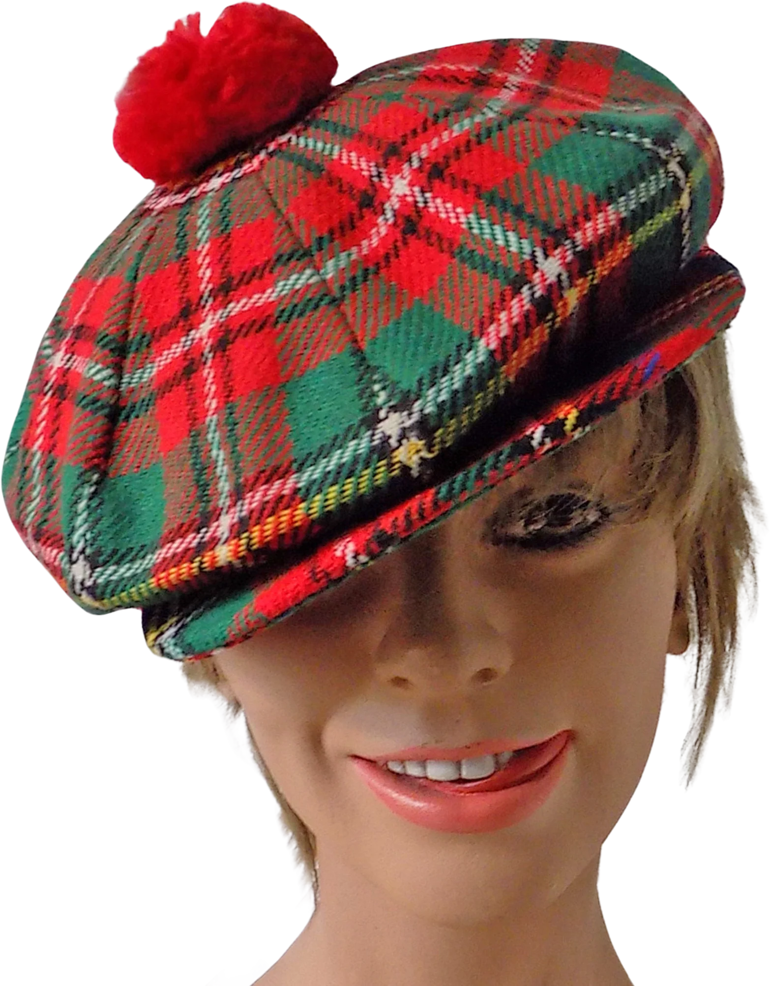 80s 90s Scottish Highlands Tartan Cap with Pompom Adjustable Snap Lined Wool Satin Quilted Warm