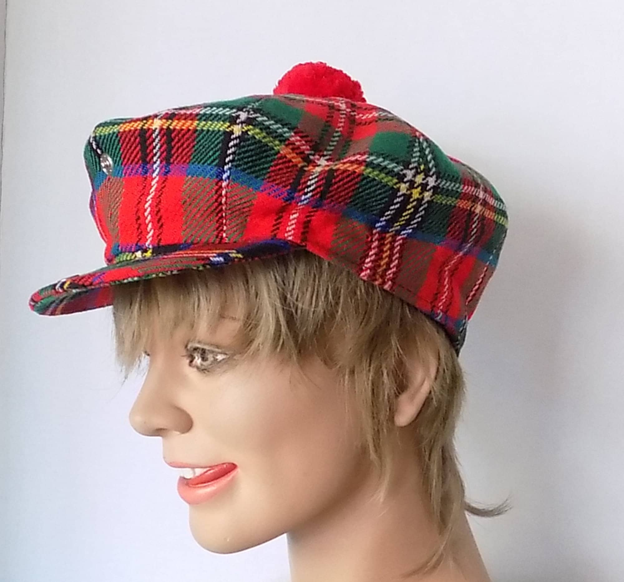 80s 90s Scottish Highlands Tartan Cap with Pompom Adjustable Snap Lined Wool Satin Quilted Warm - Image 2