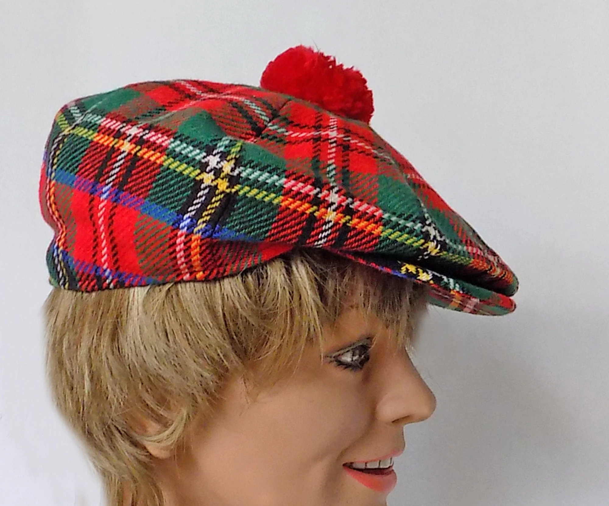 80s 90s Scottish Highlands Tartan Cap with Pompom Adjustable Snap Lined Wool Satin Quilted Warm - Image 4