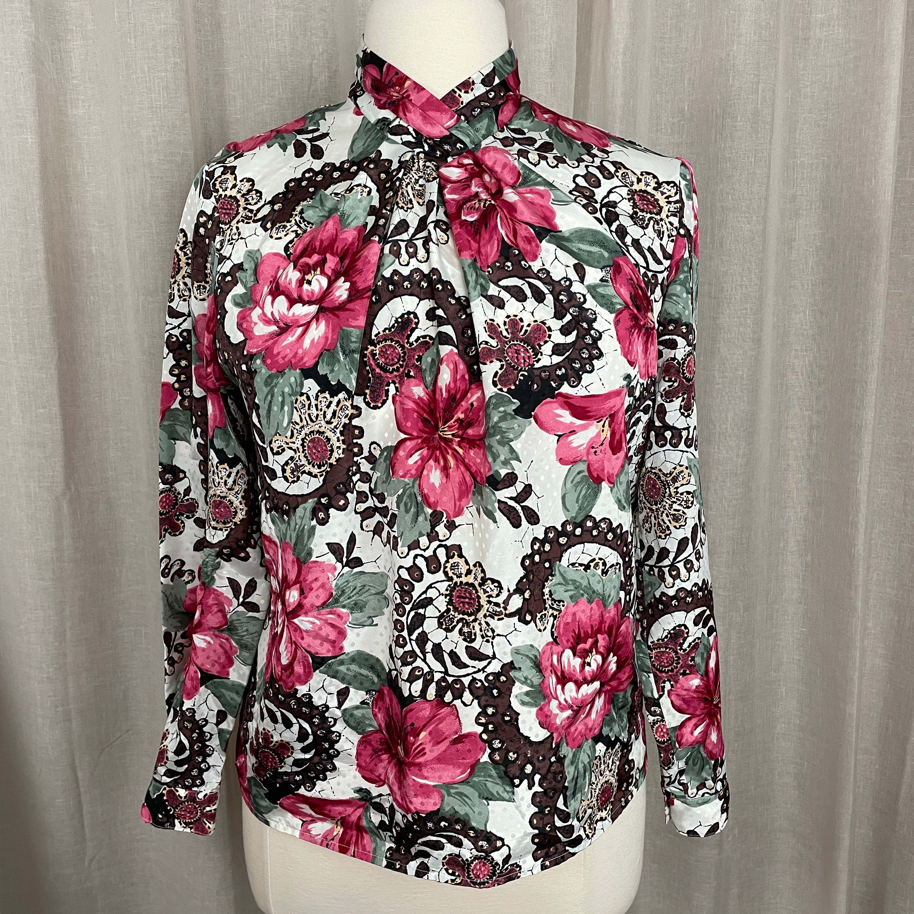 80s/90s Secretary Blouse 14 White Pink Floral Long Sleeve By Pyke Ltd - Image 3