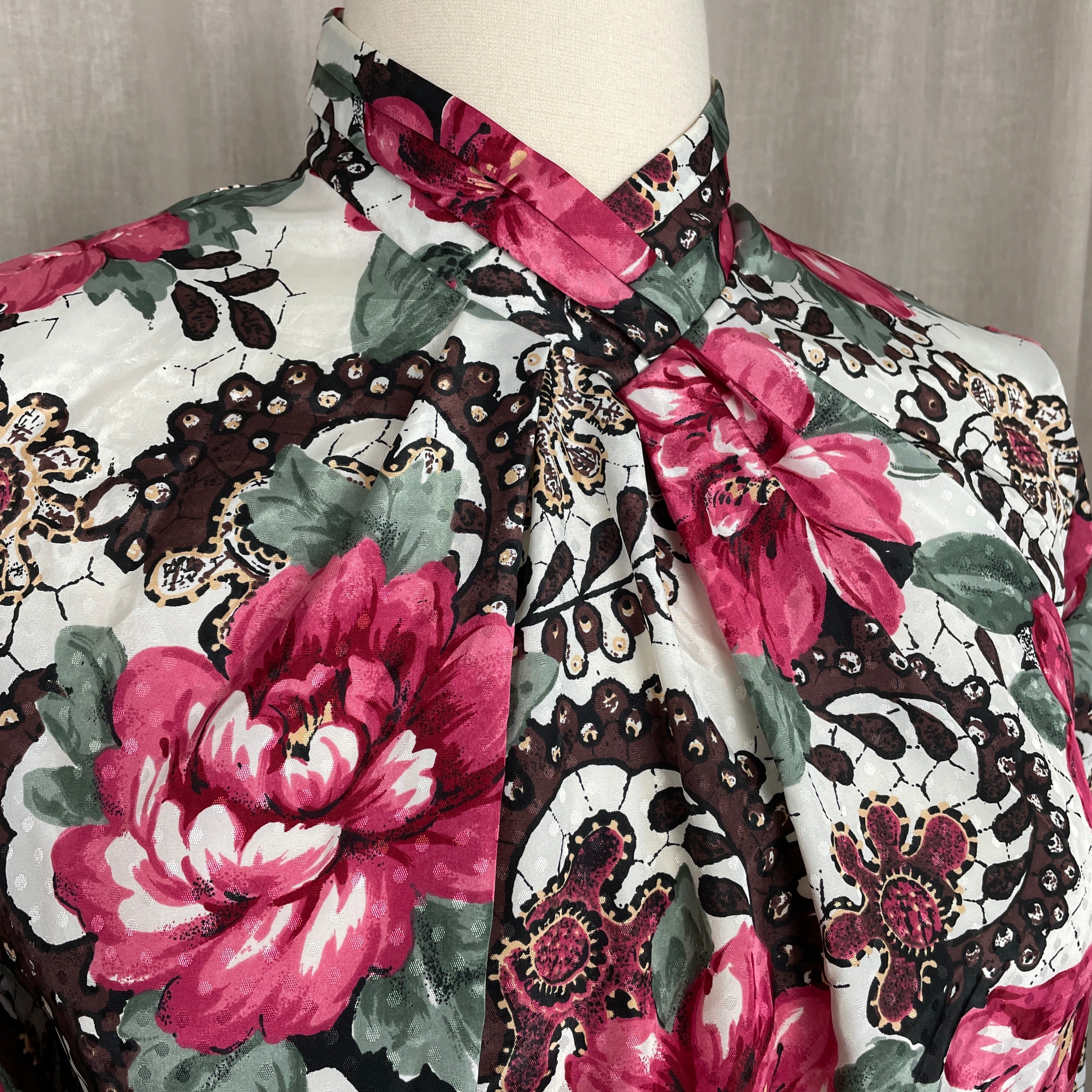 80s/90s Secretary Blouse 14 White Pink Floral Long Sleeve By Pyke Ltd - Image 4