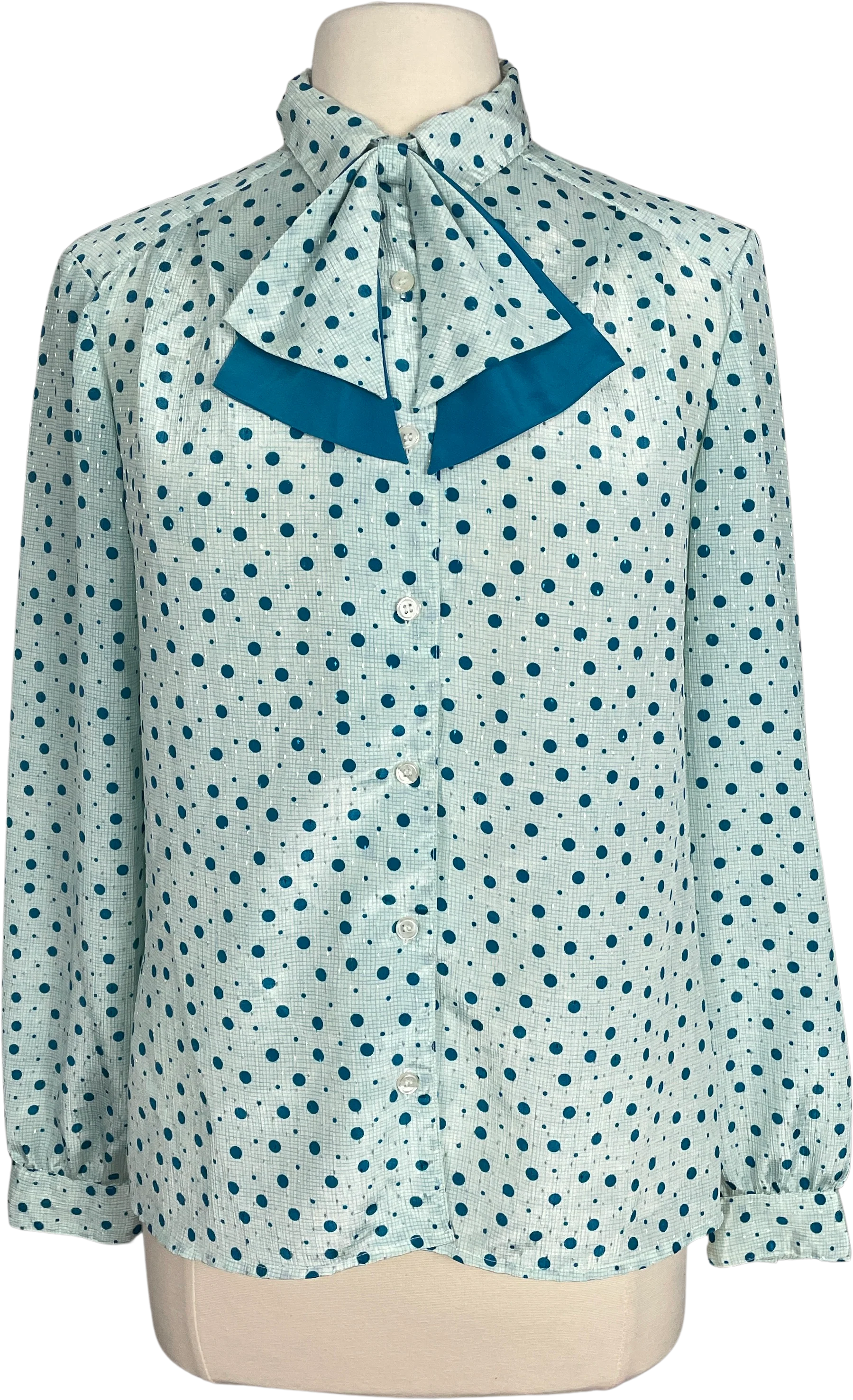 80s/90s Secretary Blouse Small Teal Blue Polka Dot Bow By Pykettes