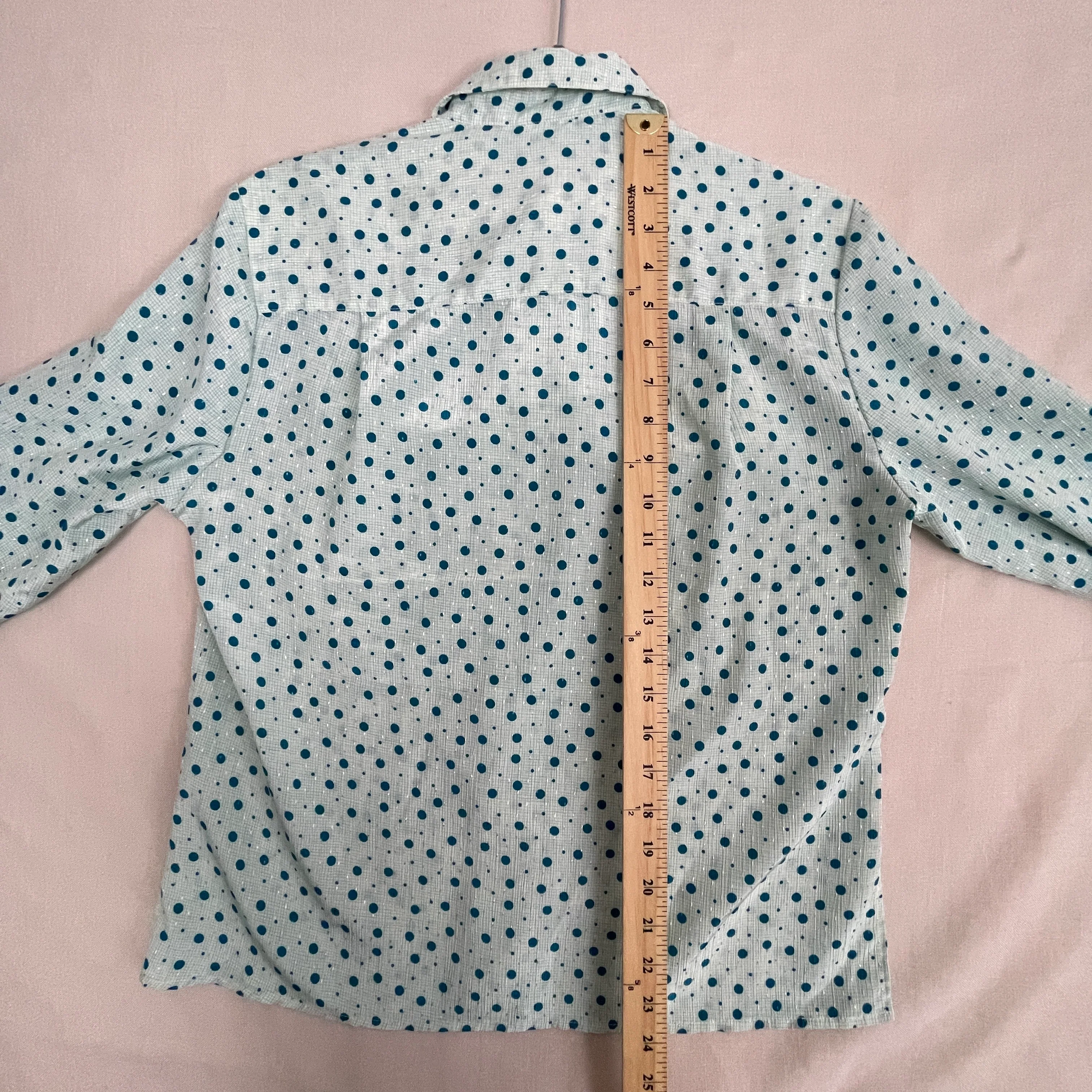 80s/90s Secretary Blouse Small Teal Blue Polka Dot Bow By Pykettes - Image 12