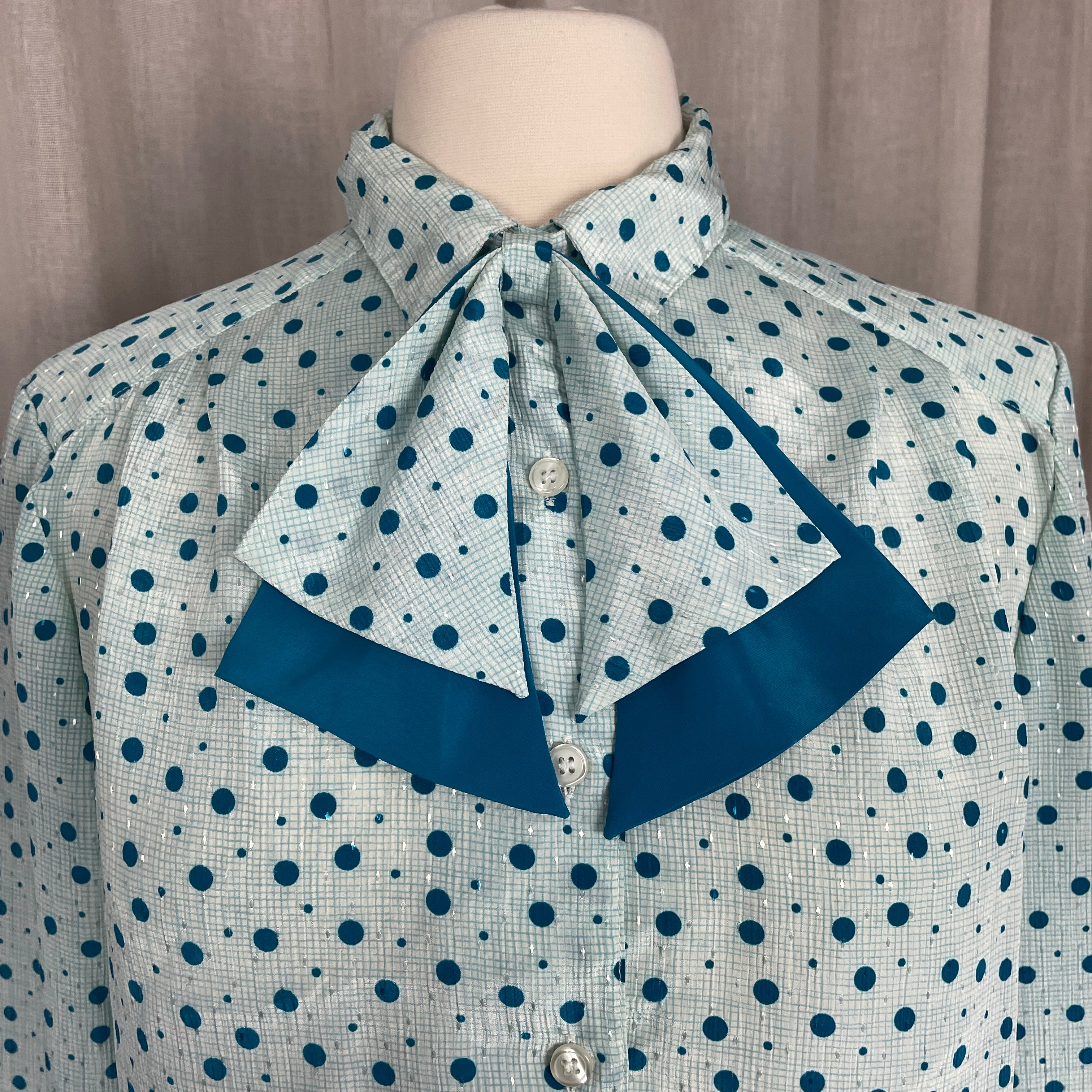80s/90s Secretary Blouse Small Teal Blue Polka Dot Bow By Pykettes - Image 4