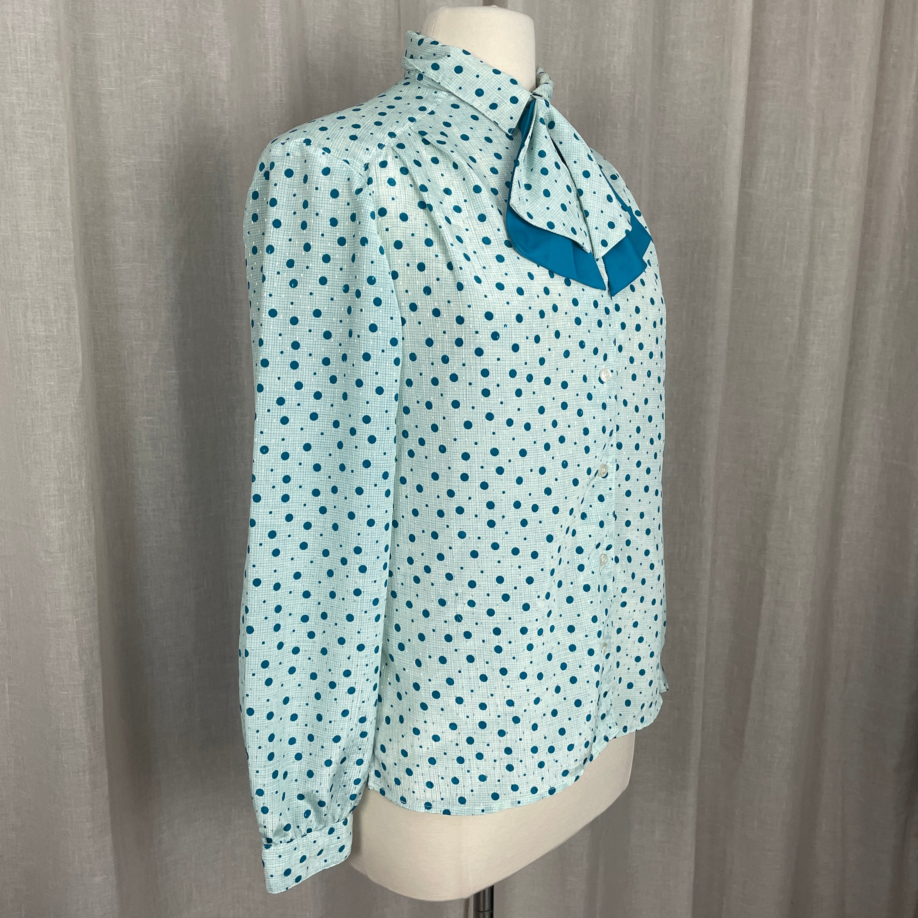 80s/90s Secretary Blouse Small Teal Blue Polka Dot Bow By Pykettes - Image 5