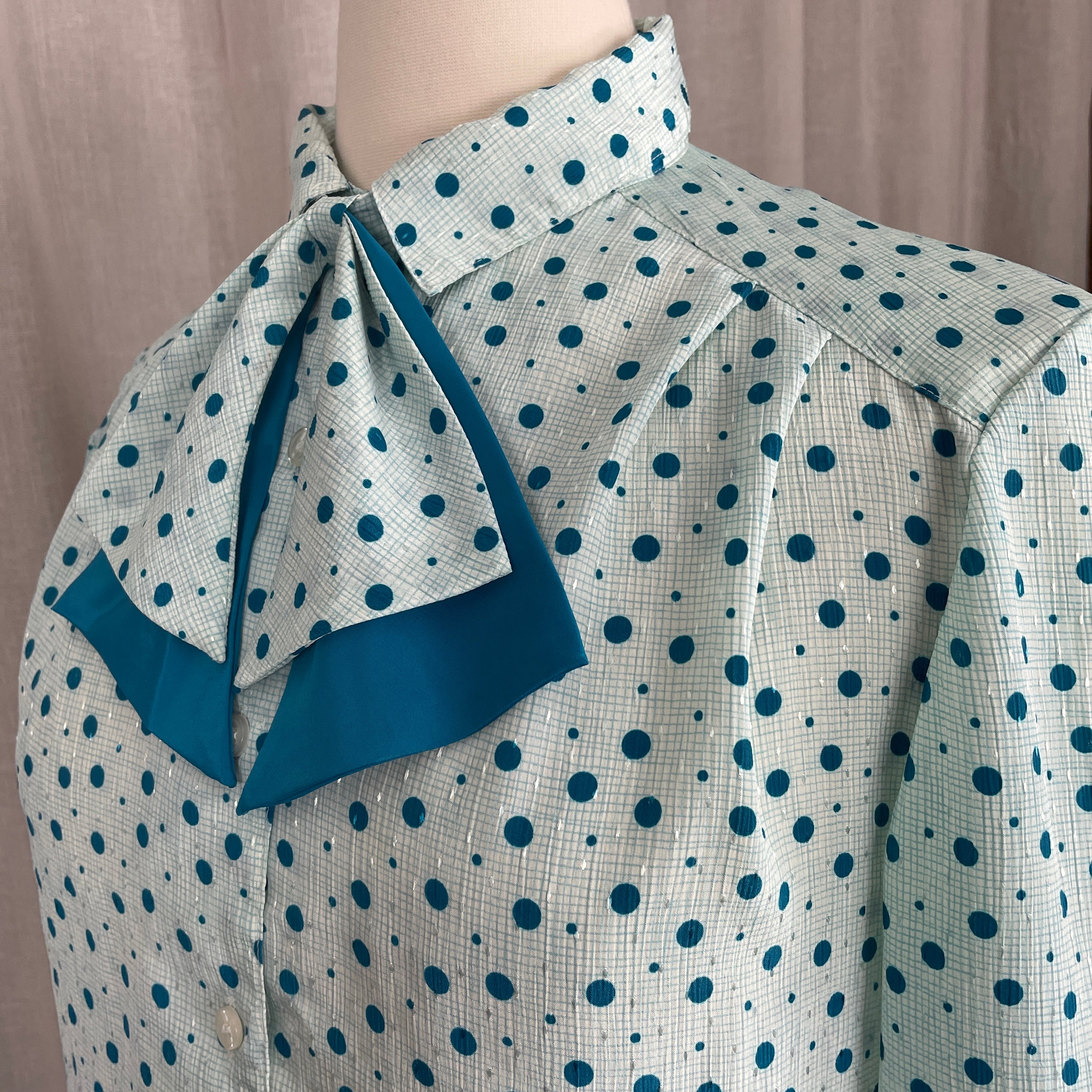80s/90s Secretary Blouse Small Teal Blue Polka Dot Bow By Pykettes - Image 7