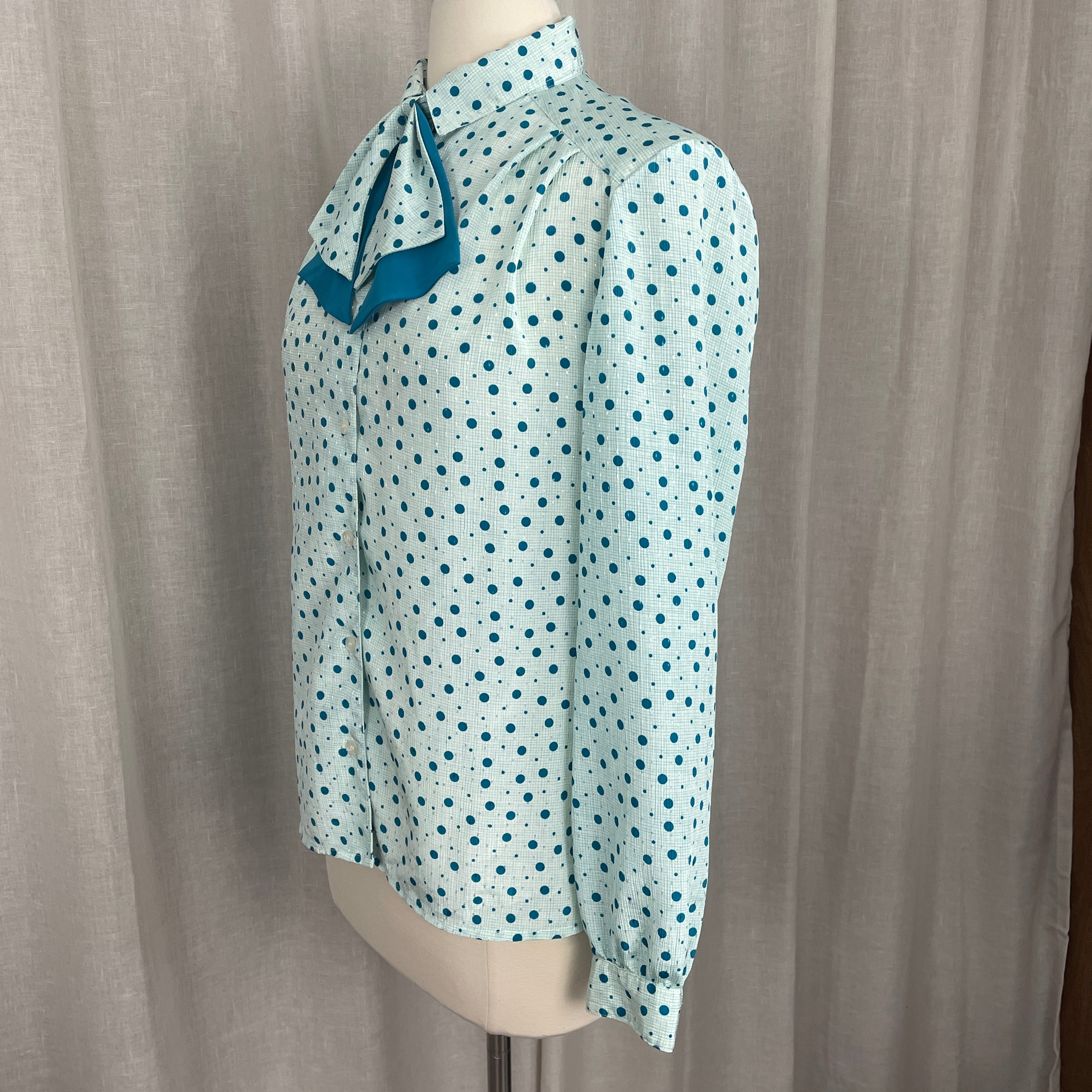 80s/90s Secretary Blouse Small Teal Blue Polka Dot Bow By Pykettes - Image 8