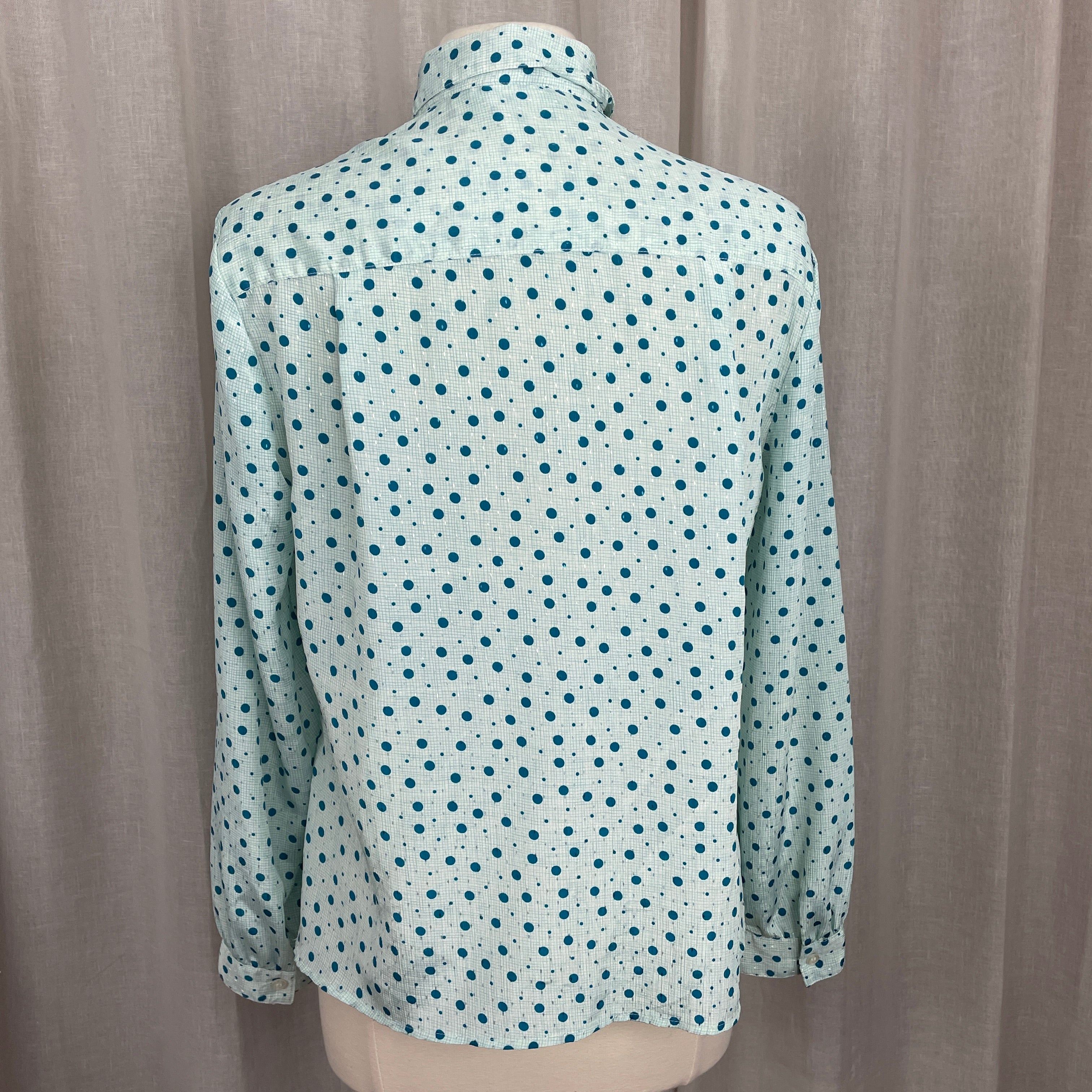 80s/90s Secretary Blouse Small Teal Blue Polka Dot Bow By Pykettes - Image 9