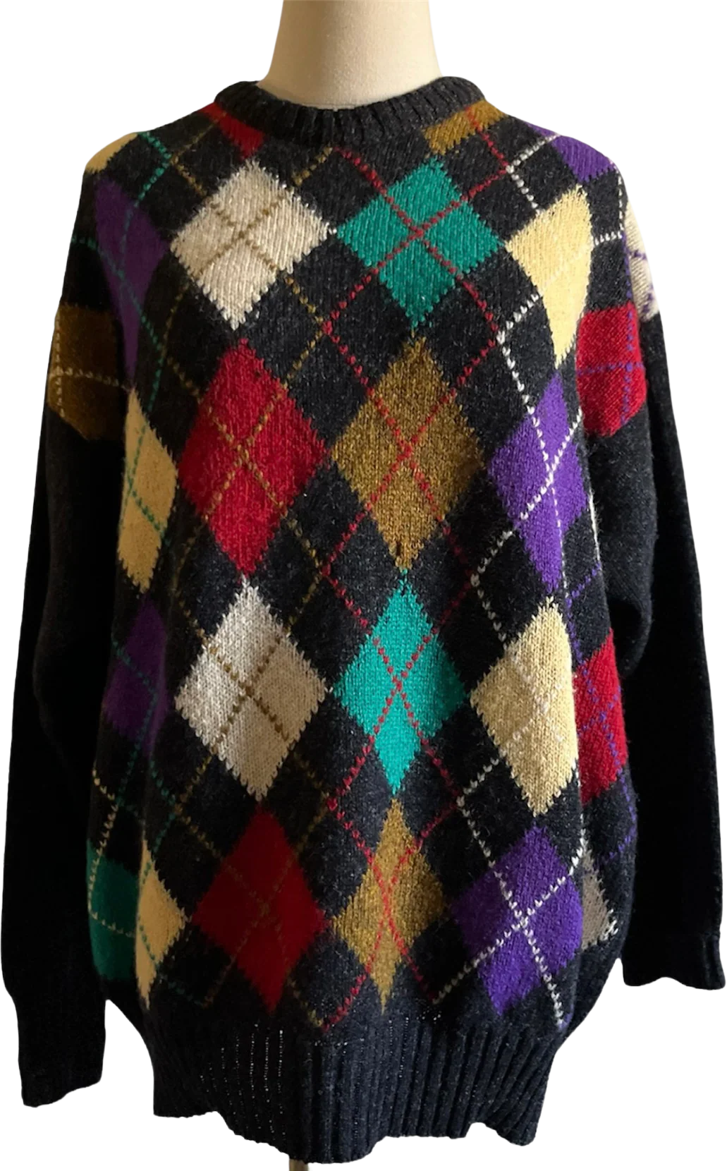 80s/90s Shetland Wool Argyle Diamond Knit Grandpa Sweater By Peterborough Row