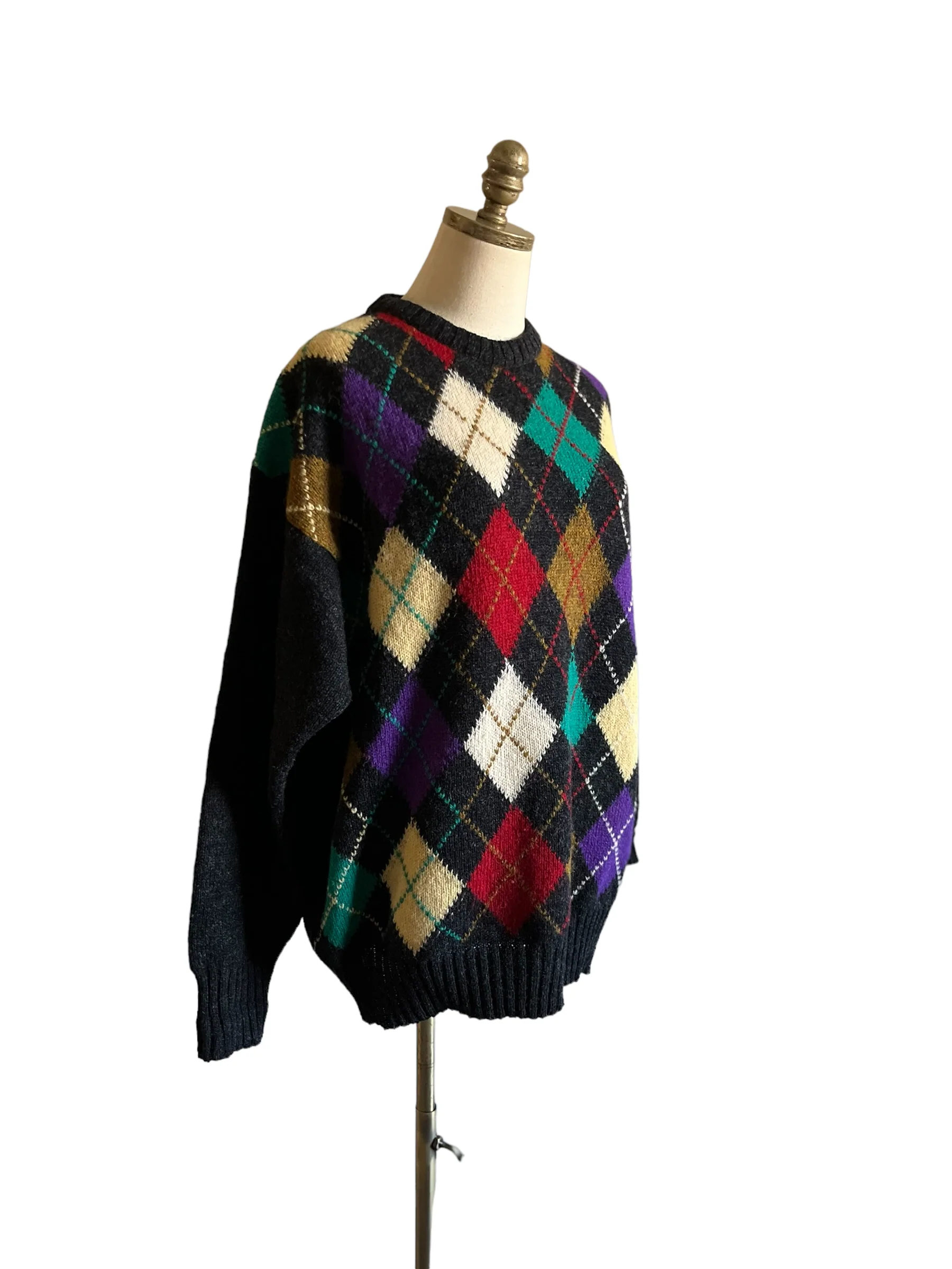 80s/90s Shetland Wool Argyle Diamond Knit Grandpa Sweater By Peterborough Row - Image 4