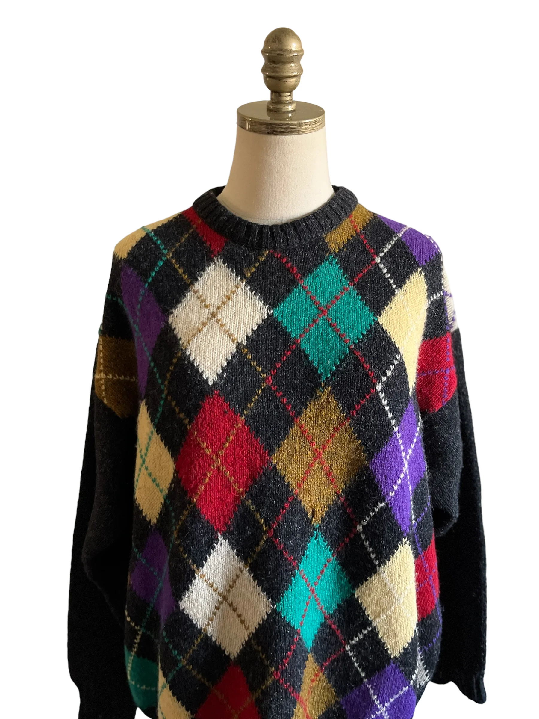 80s/90s Shetland Wool Argyle Diamond Knit Grandpa Sweater By Peterborough Row - Image 5