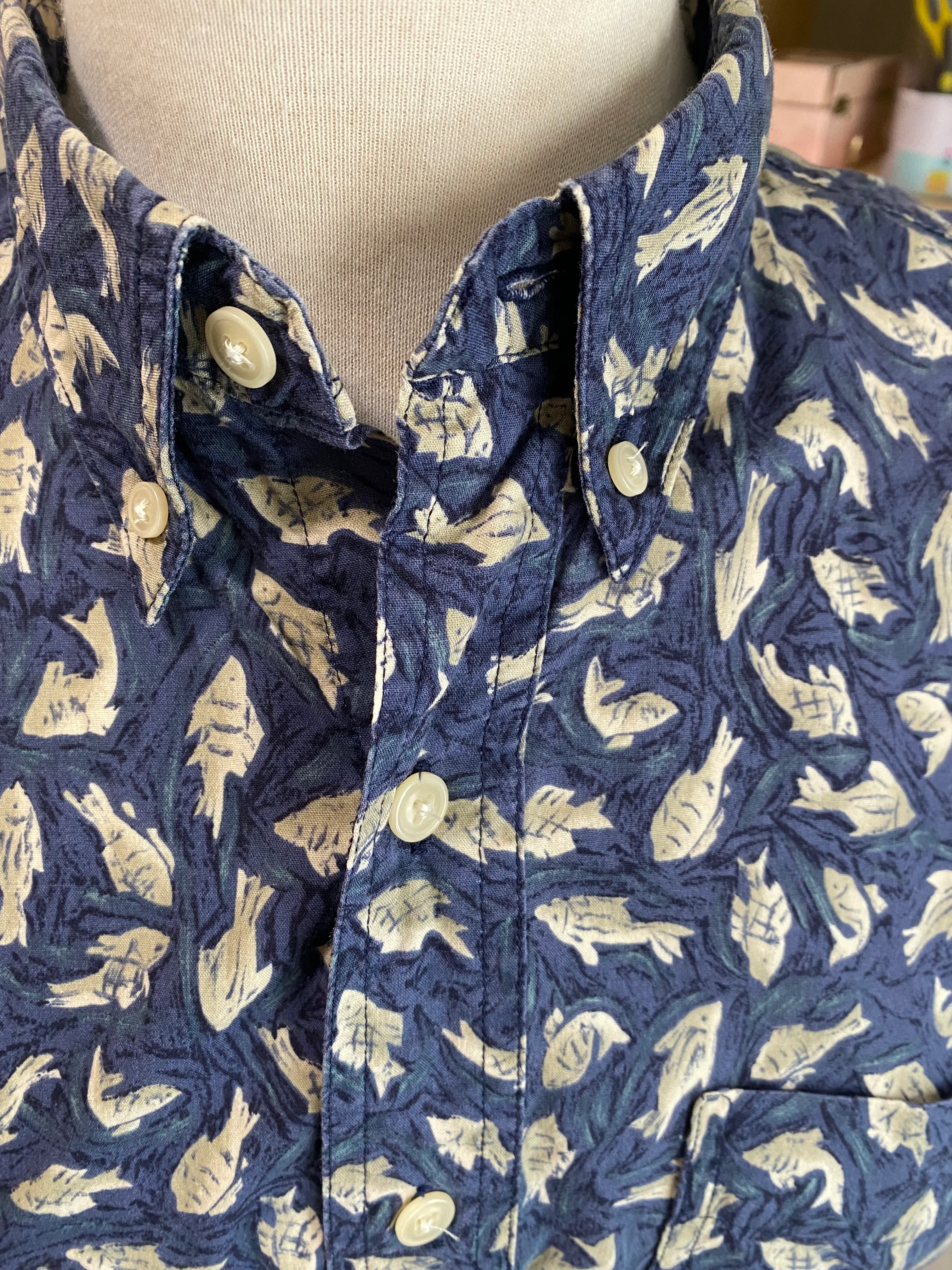 80s/90s Short Sleeve Shirt Button Down Fish Print Sz M By Chaps Ralph Lauren - Image 14