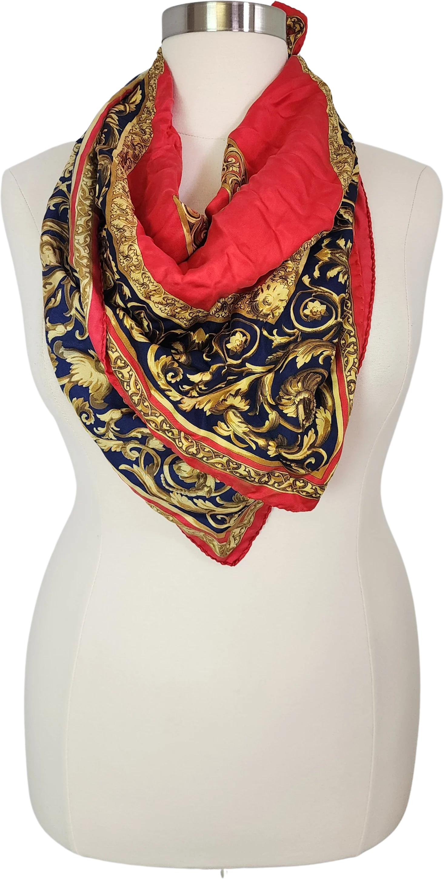 80s/90s Silk Scarf Neck Hair Top Red Navy Gold Sqaure