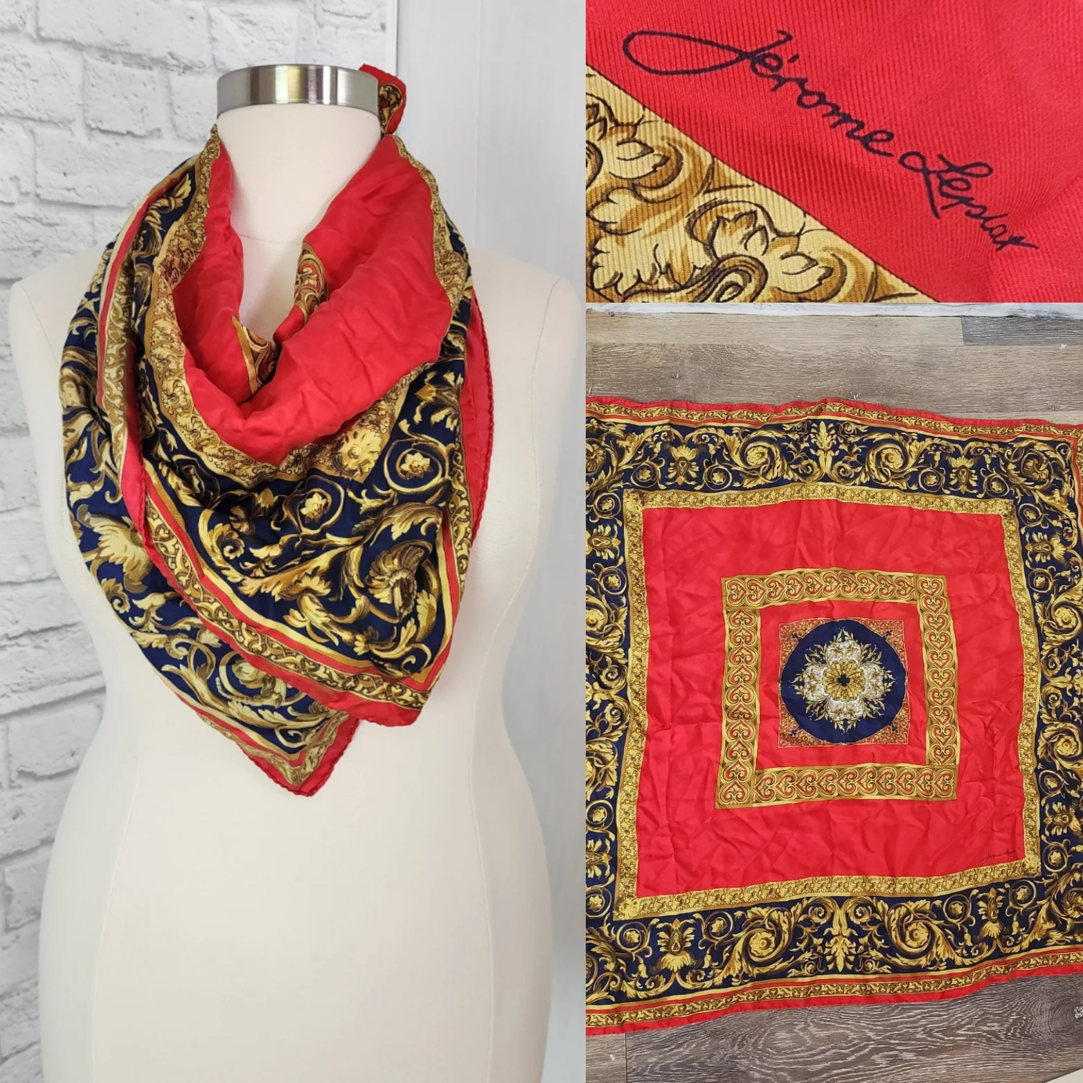 80s/90s Silk Scarf Neck Hair Top Red Navy Gold Sqaure - Image 3