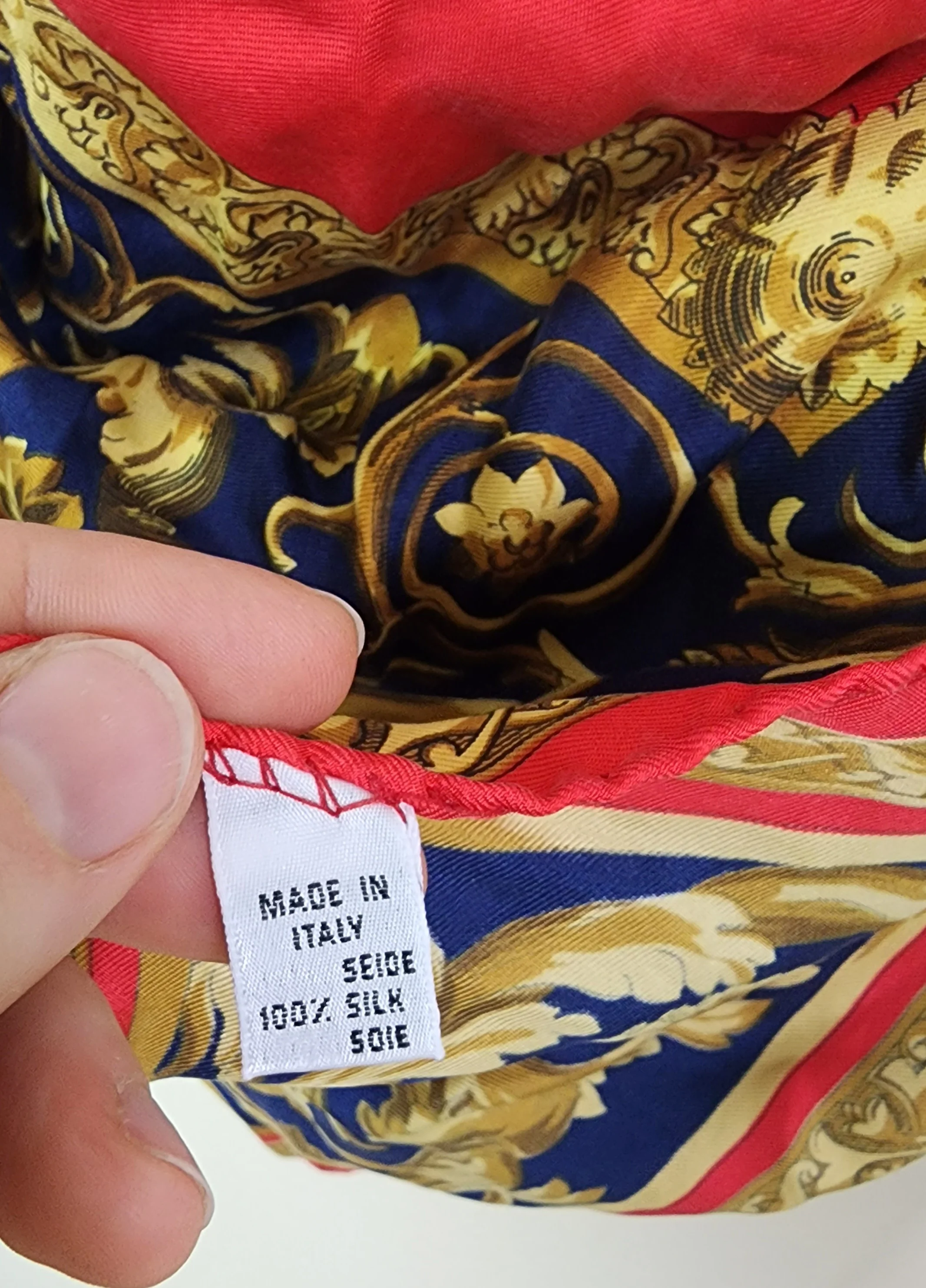 80s/90s Silk Scarf Neck Hair Top Red Navy Gold Sqaure - Image 4