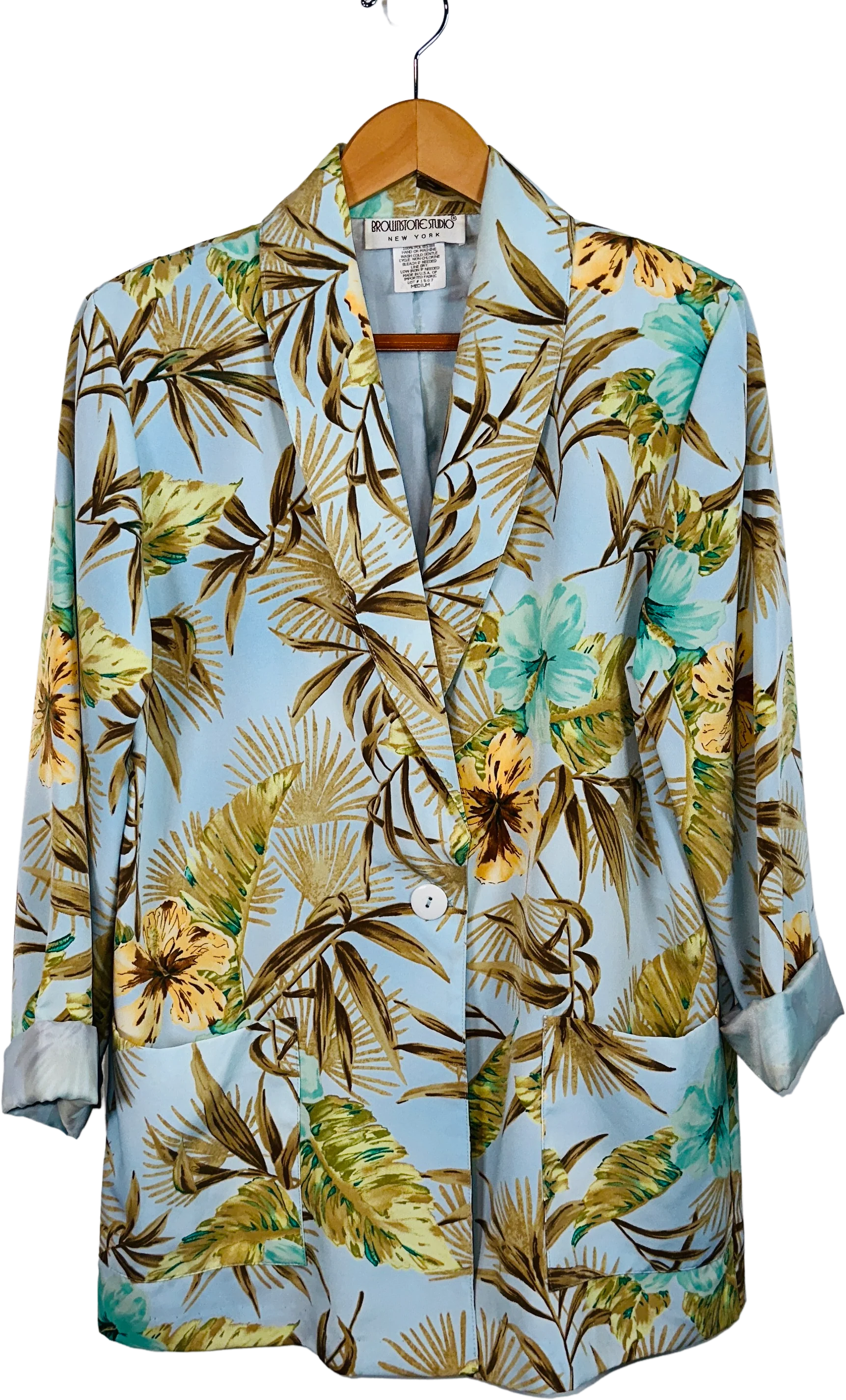 80s/90s Sky Blue Multicolor Bamboo Floral Print Blazer By Brownstone Studio