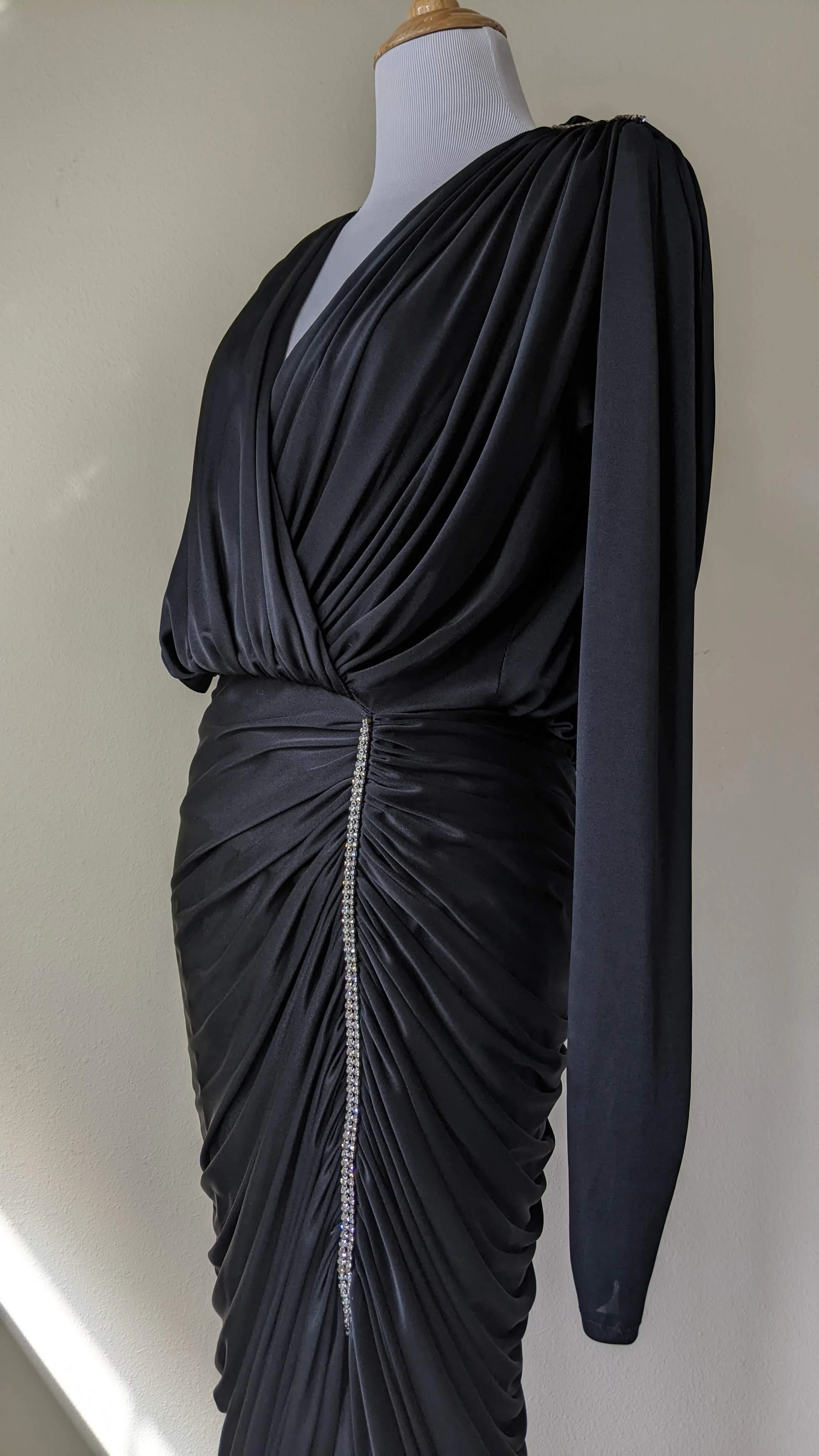 80s/90s Slinky Black 40s Grecian Draped Rhinestone Dress By Susan Roselli for Vijack - Image 4
