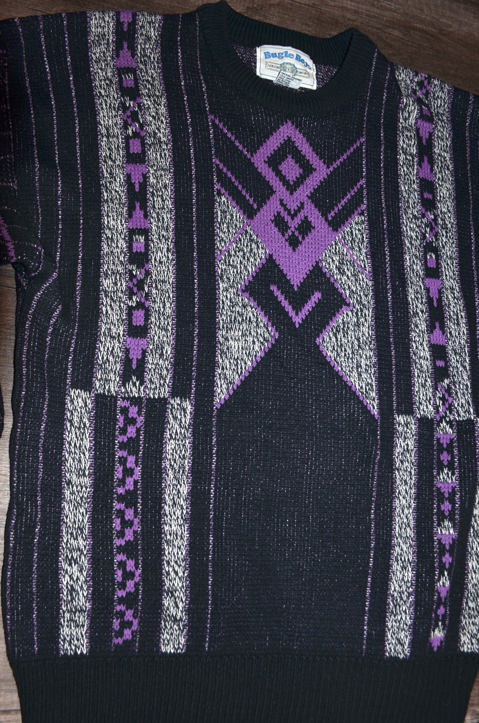 80s/90s Southwestern Gray And Purple Sweater W Stripes By Bugle Boy - Image 4