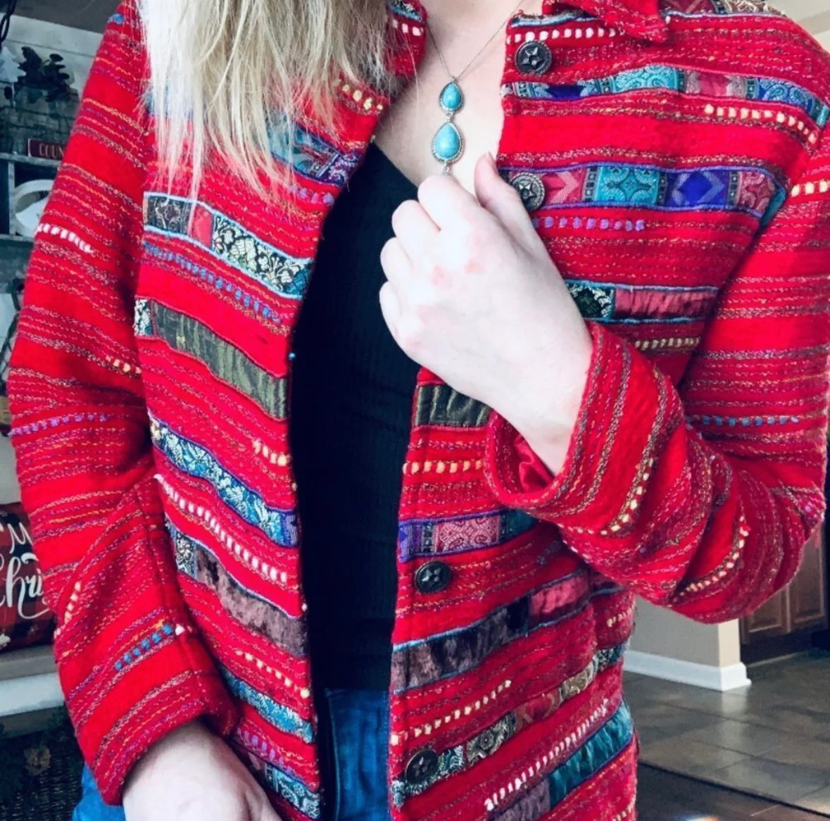 80s/90s Southwestern Mixed Print Star Button Red Blazer - Image 3