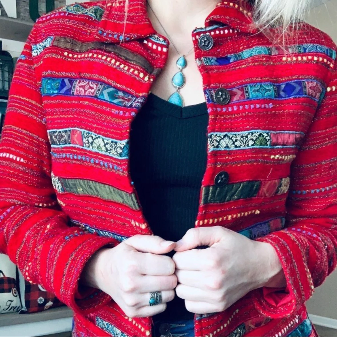 80s/90s Southwestern Mixed Print Star Button Red Blazer - Image 4