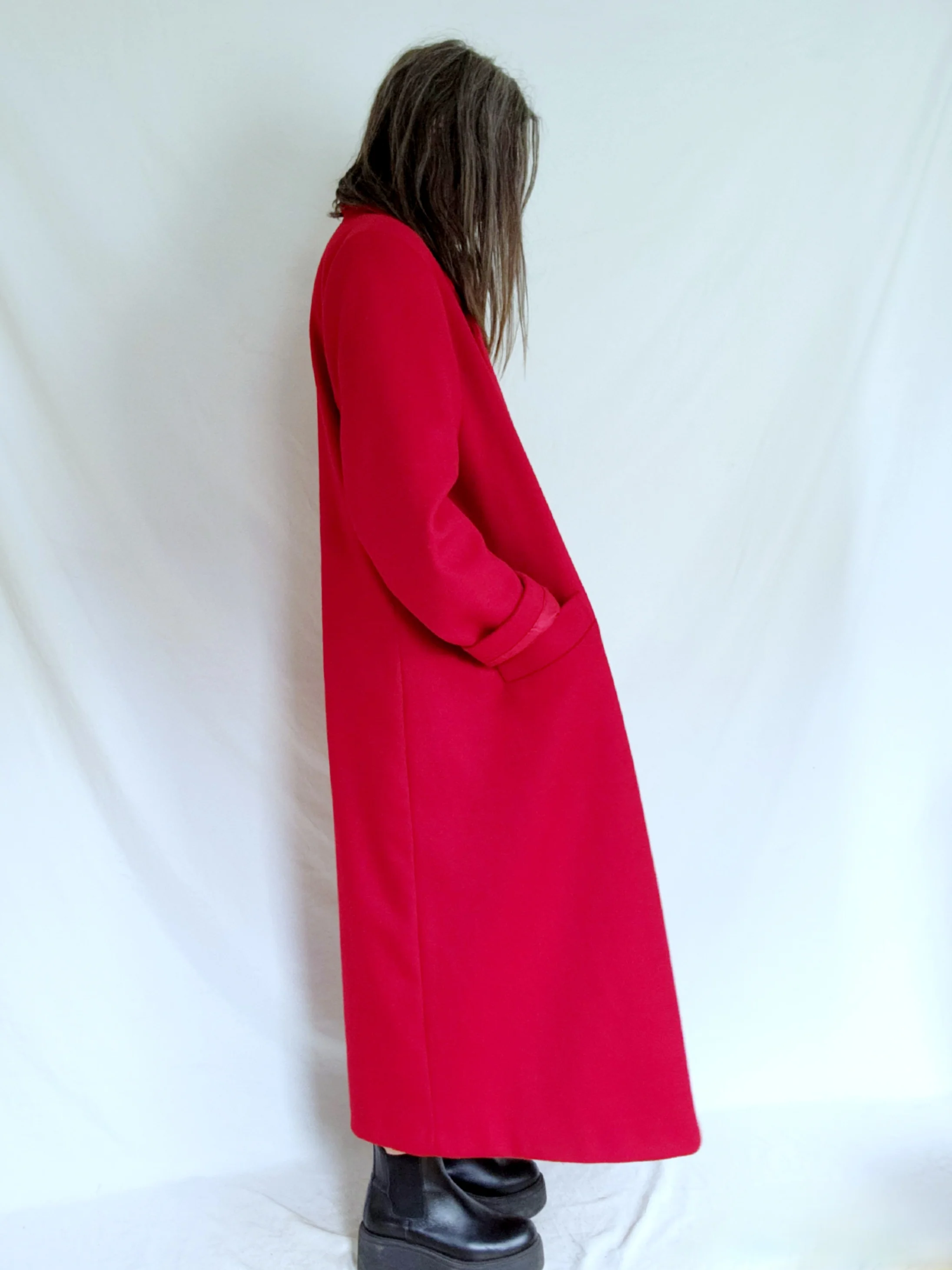 80s/90s Tailored Long Bright Red Wool Winter Dress Coat - Image 5