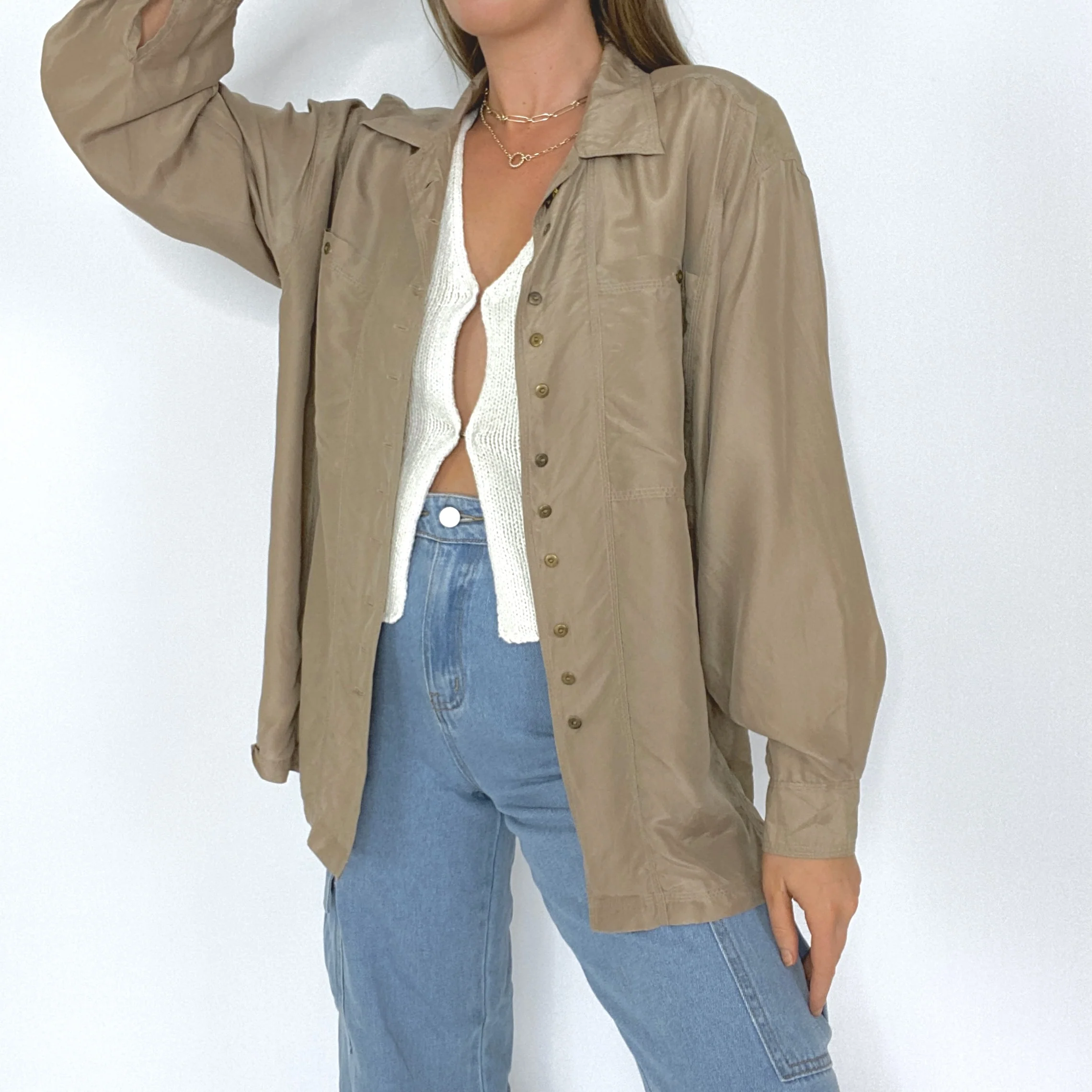 80s/90s Tan Silk Safari Button Down Blouse - Image 5