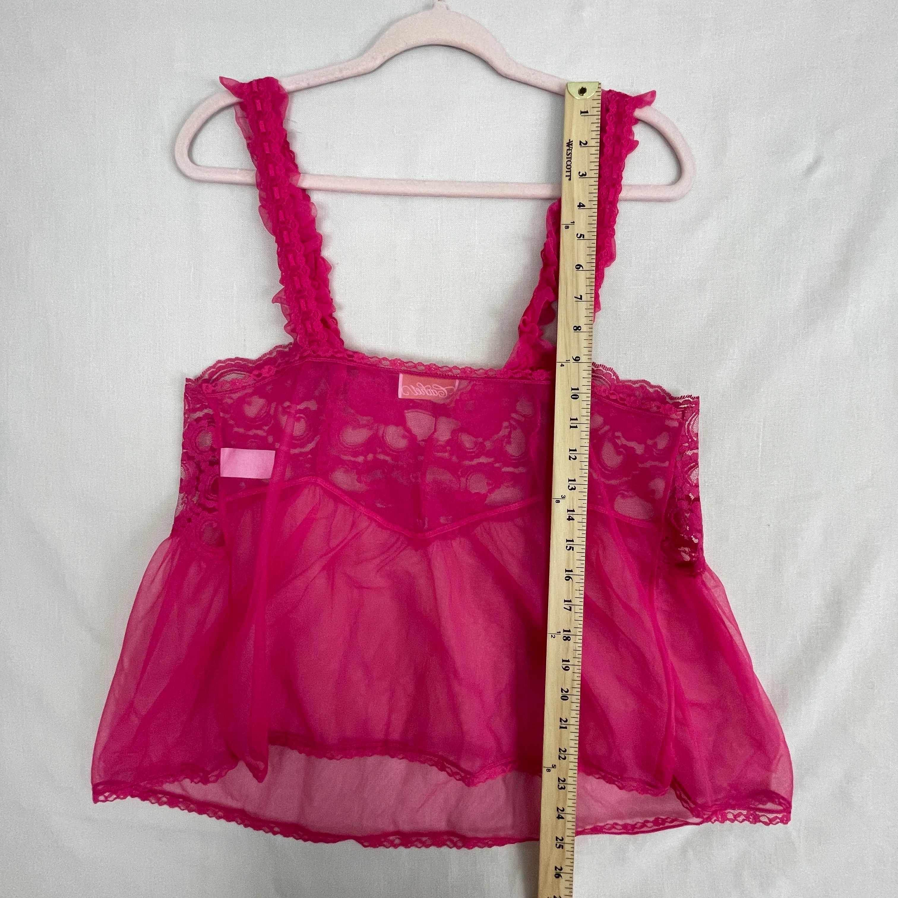 80s/90s Tank Top Medium Pink Lace Mesh Sheer Babydoll Cami By Cachet - Image 10