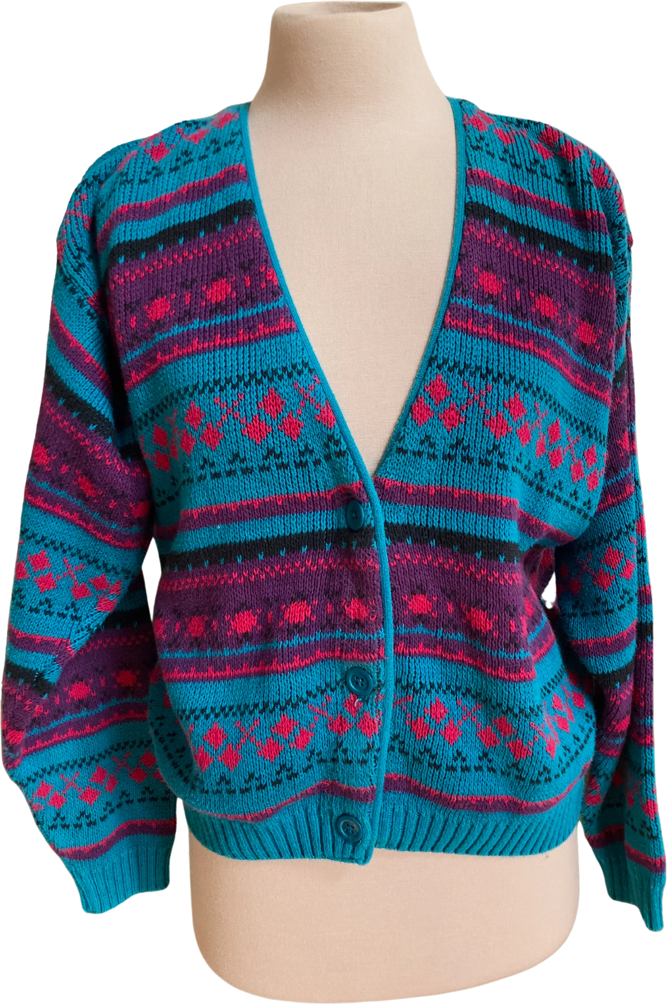 80s/90s Teal And Purple Fair Isle Cardigan By Land's End
