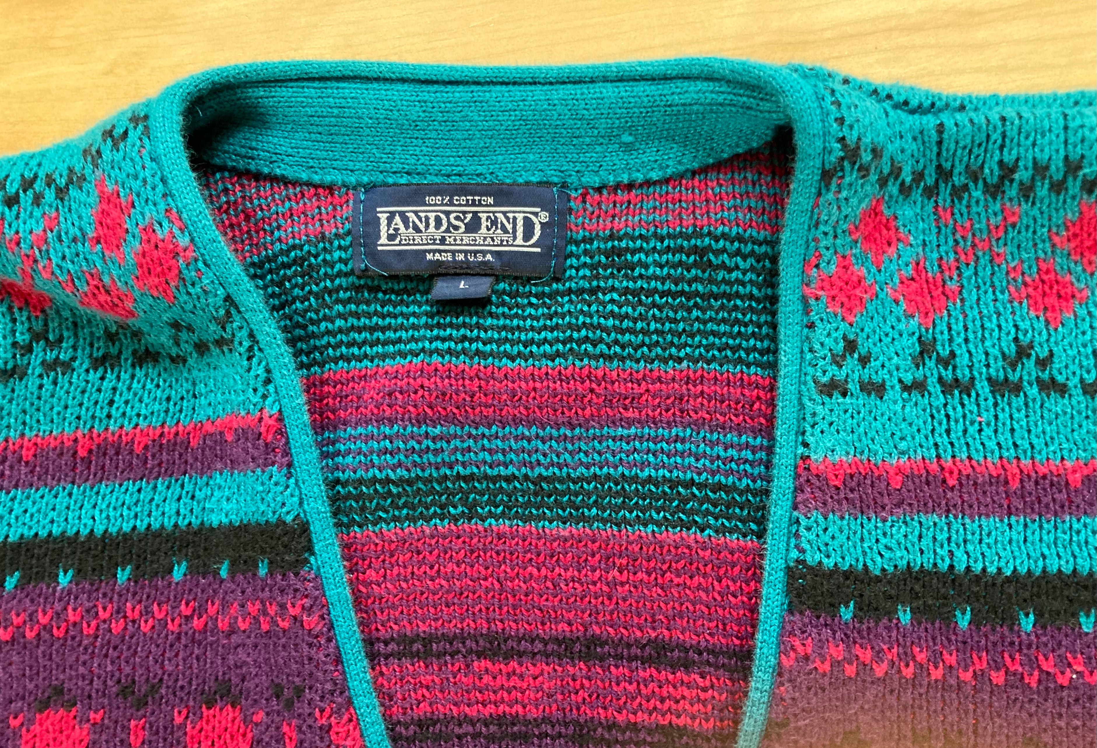 80s/90s Teal And Purple Fair Isle Cardigan By Land's End - Image 5