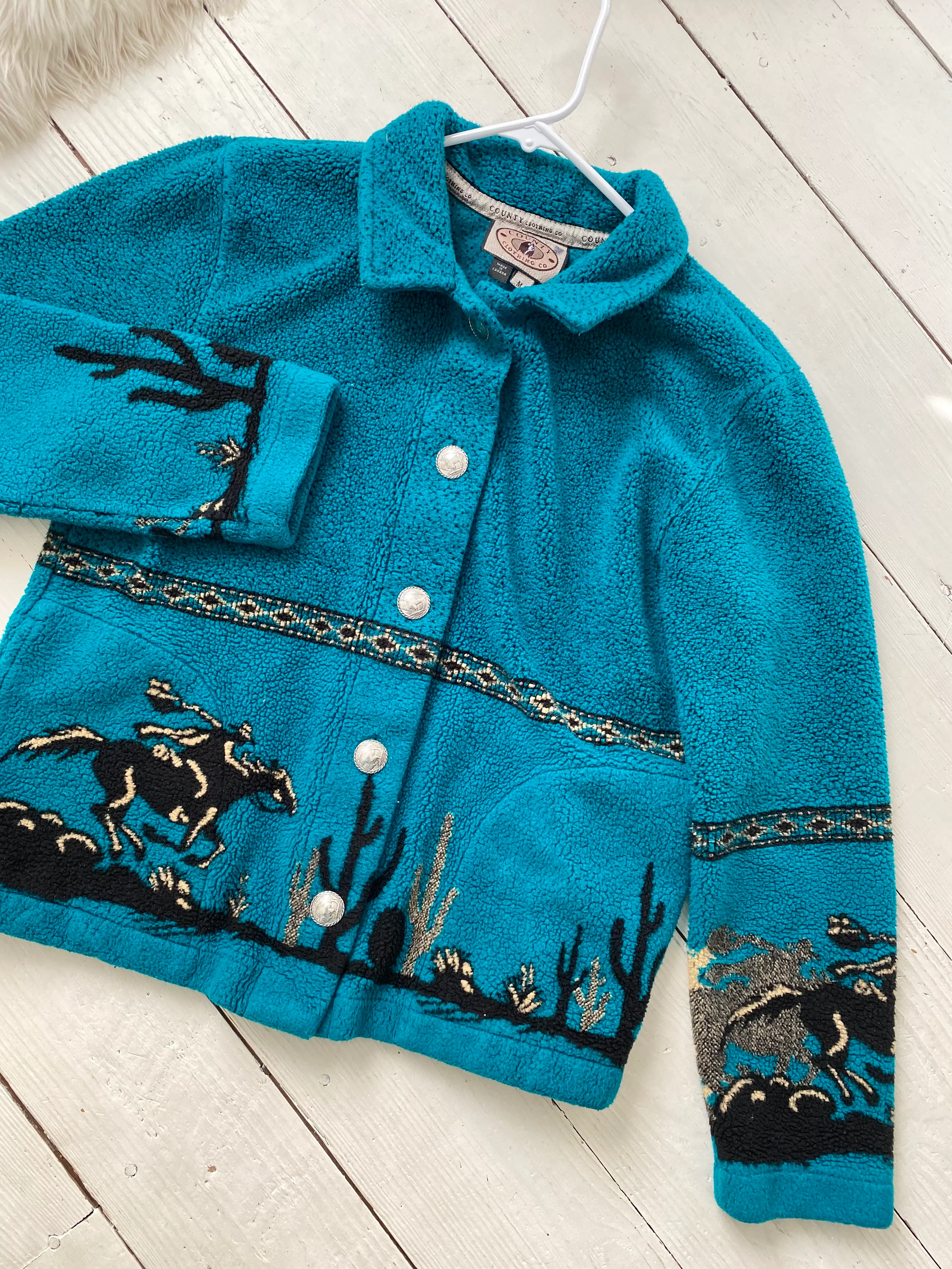 80s/90s Teal Cowboy Western Fleece Collared Jacket By Couty Clothing Co - Image 3