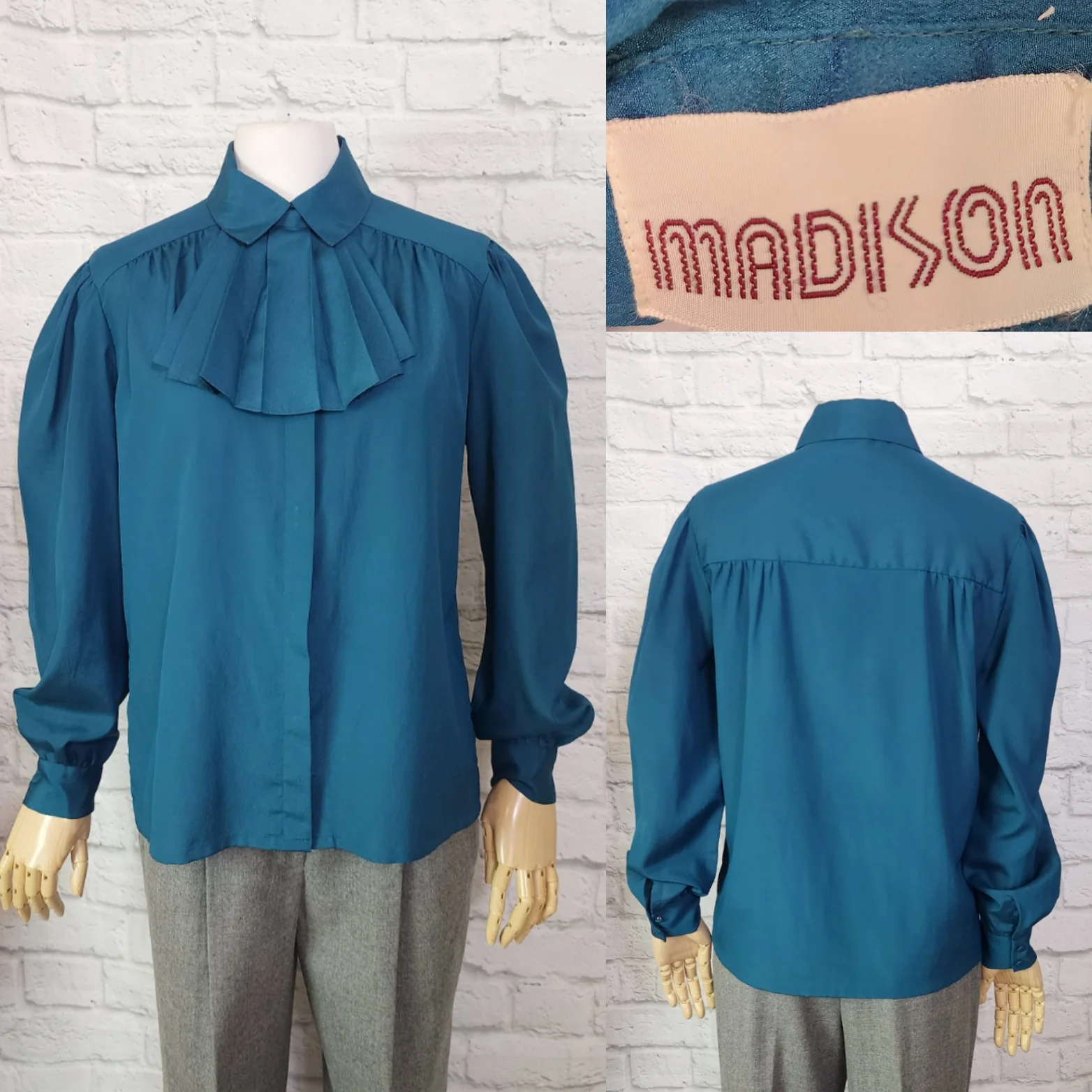 80s/90s Teal Pleated Jabot Collared Blouse By Madison - Image 3